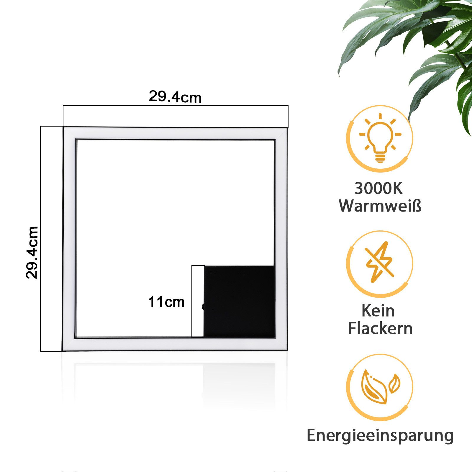 Pannello quadrato bianco con dimensioni. Luce 3000K, senza sfarfallio e icone di risparmio energetico.