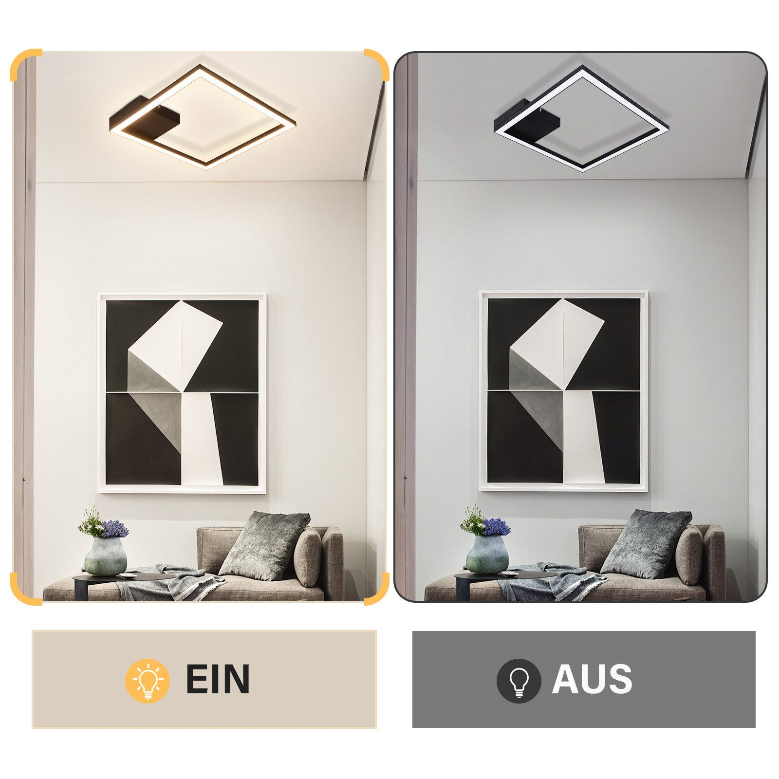 Luce a soffitto accesa e spenta. La luce è quadrata. Sfondo con pittura sul muro.