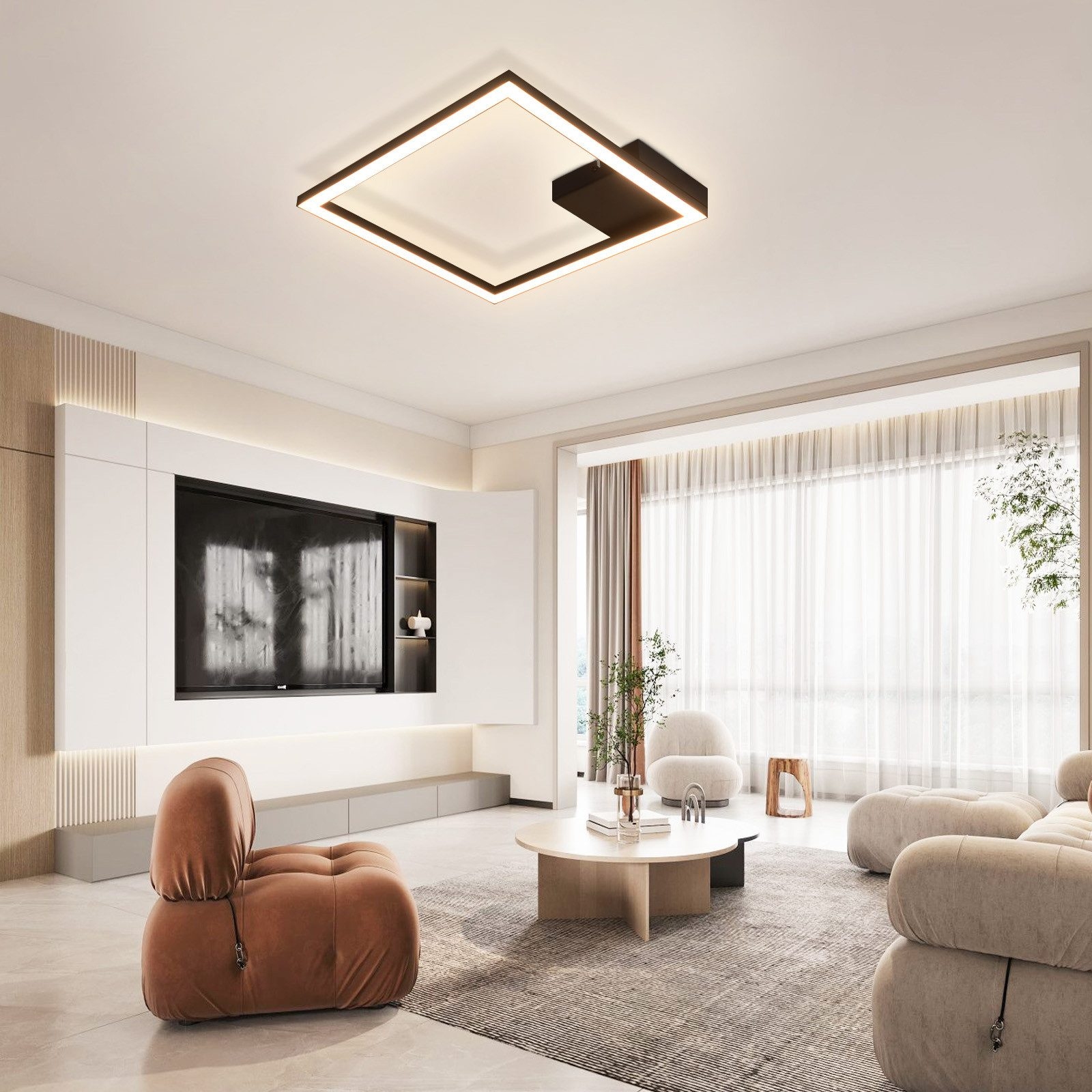 Un soggiorno con mobili moderni e una lampada da soffitto quadrata.