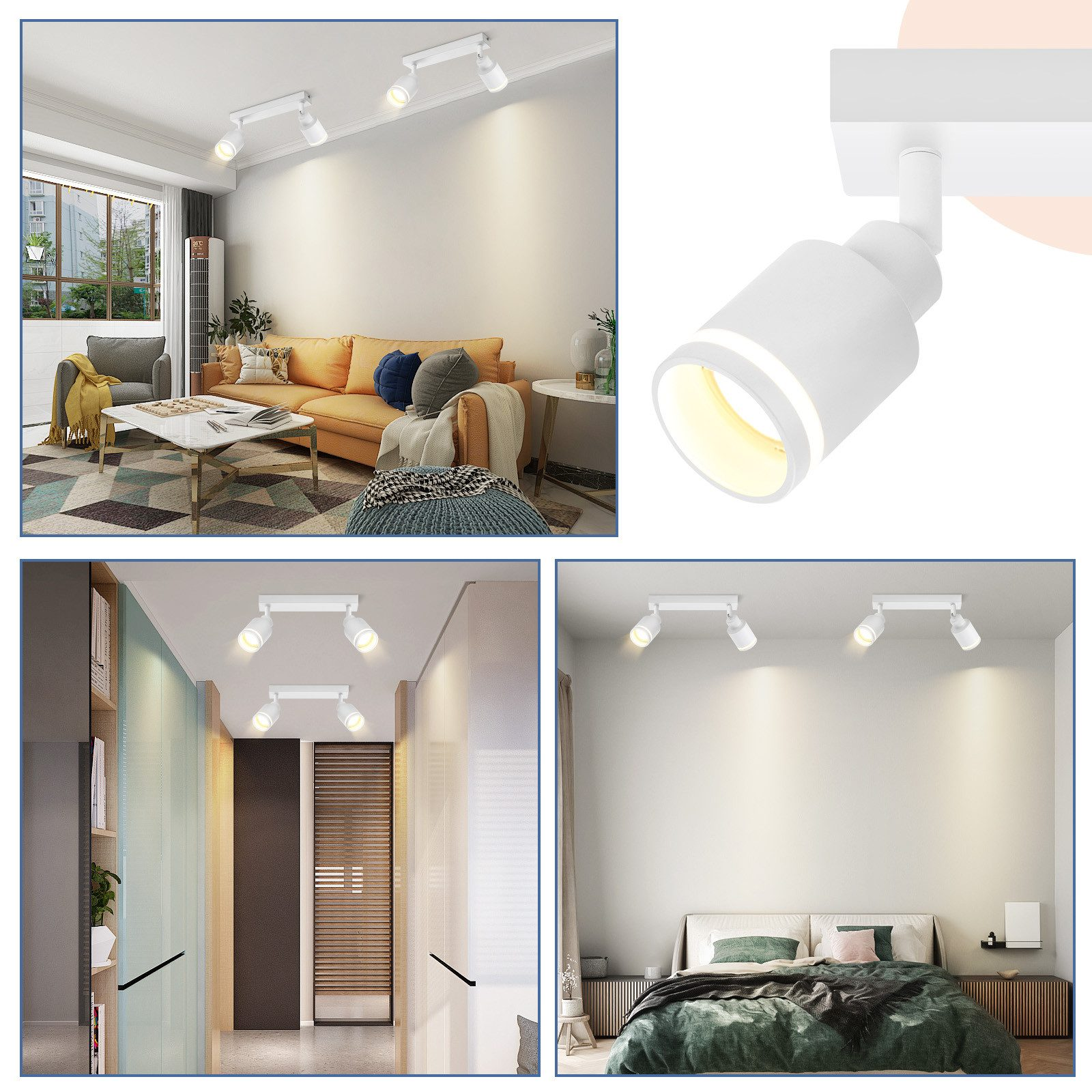Faretti bianchi su soffitto bianco, varie ambientazioni. Un dettaglio del faretto. Le stanze includono soggiorno e camera da letto.