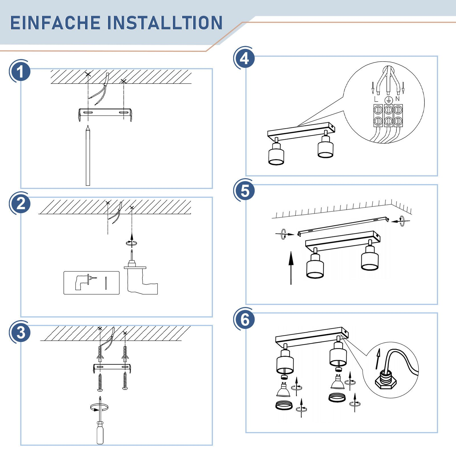 Guida all'installazione. Sei illustrazioni passo-passo che mostrano come installare le luci a soffitto.