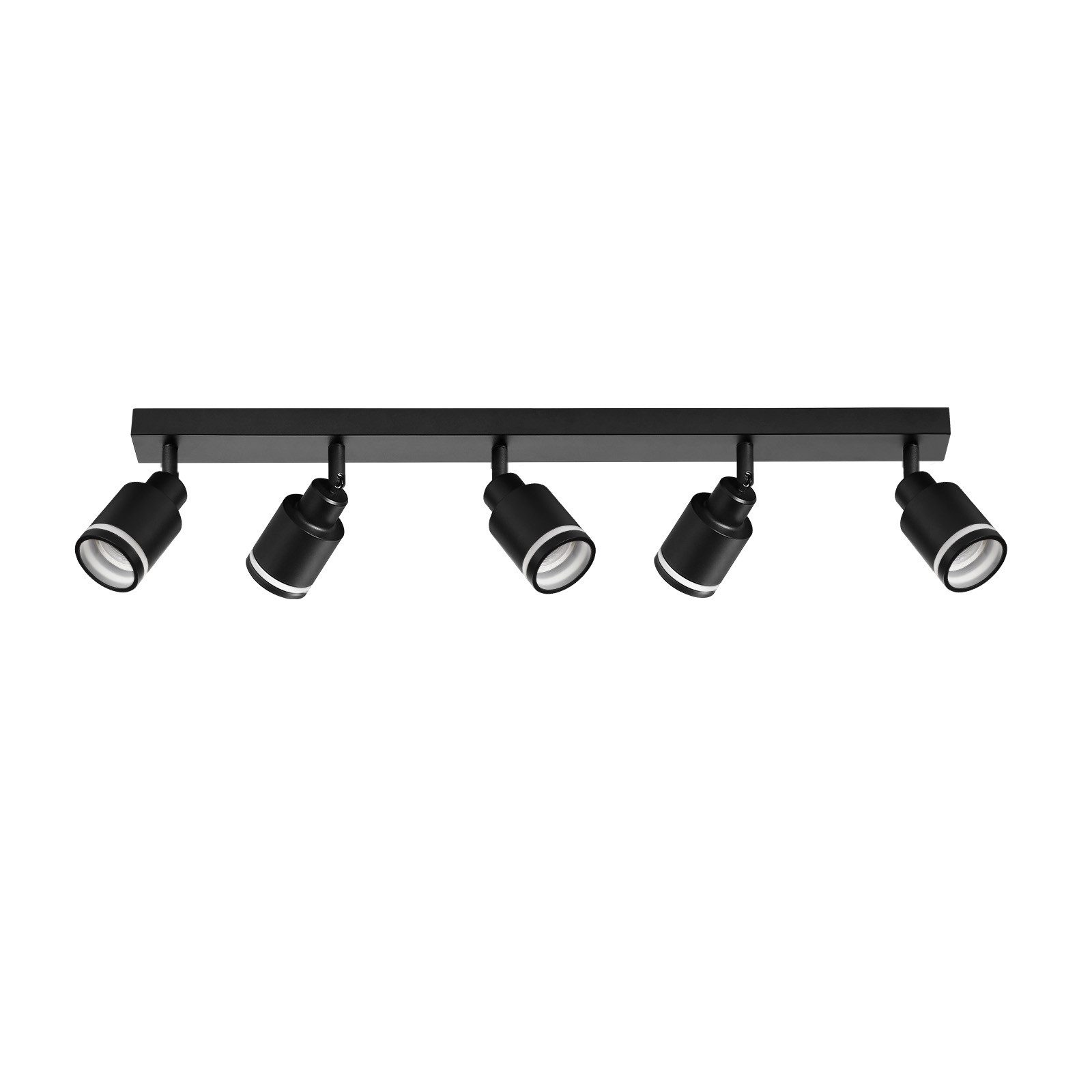 Una lampada a binario nera con 5 faretti orientabili, montata su una barra.