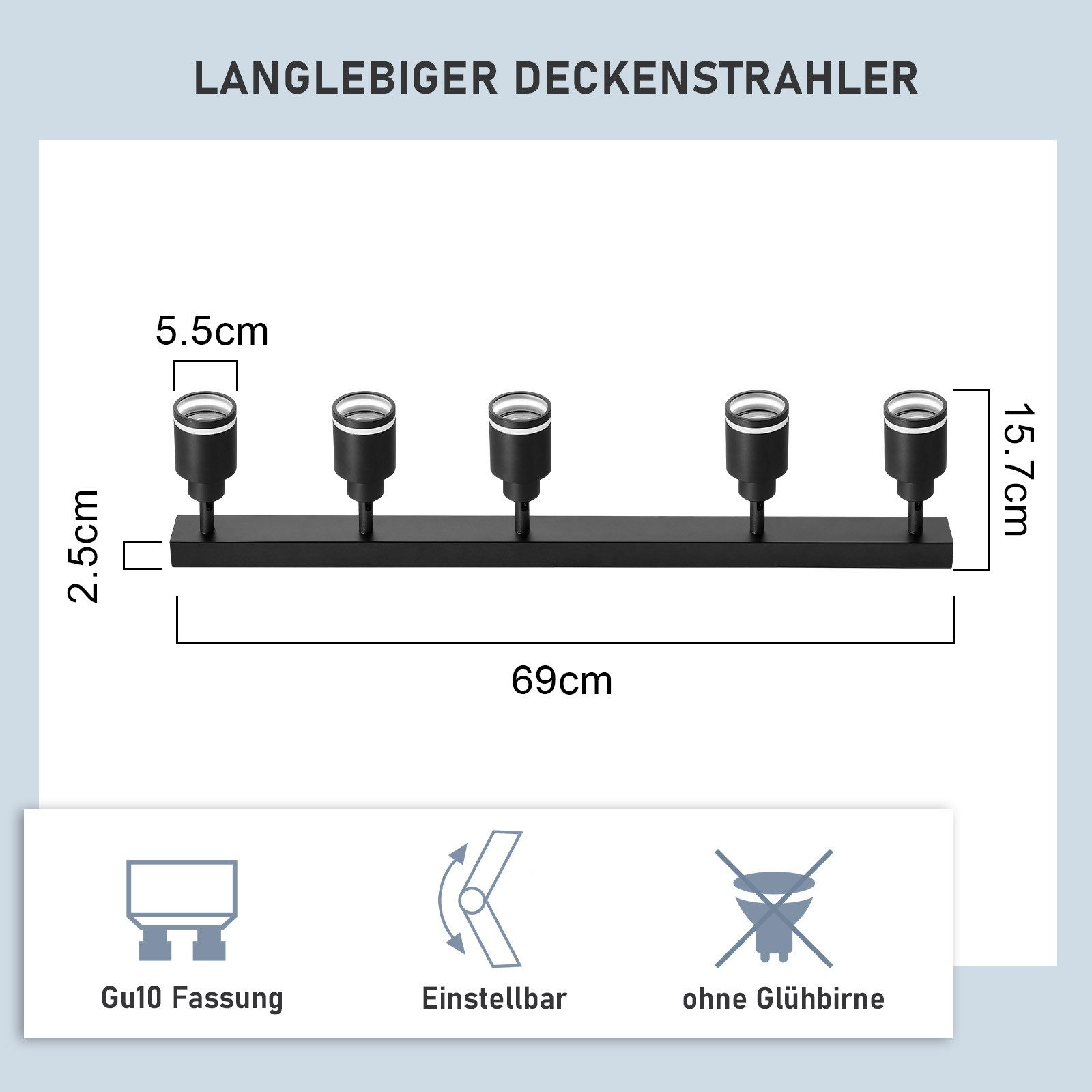 Apparecchio lineare con cinque prese GU10. Fornisce le dimensioni in cm. Include icone: attacco GU10, orientabile e senza lampadina.