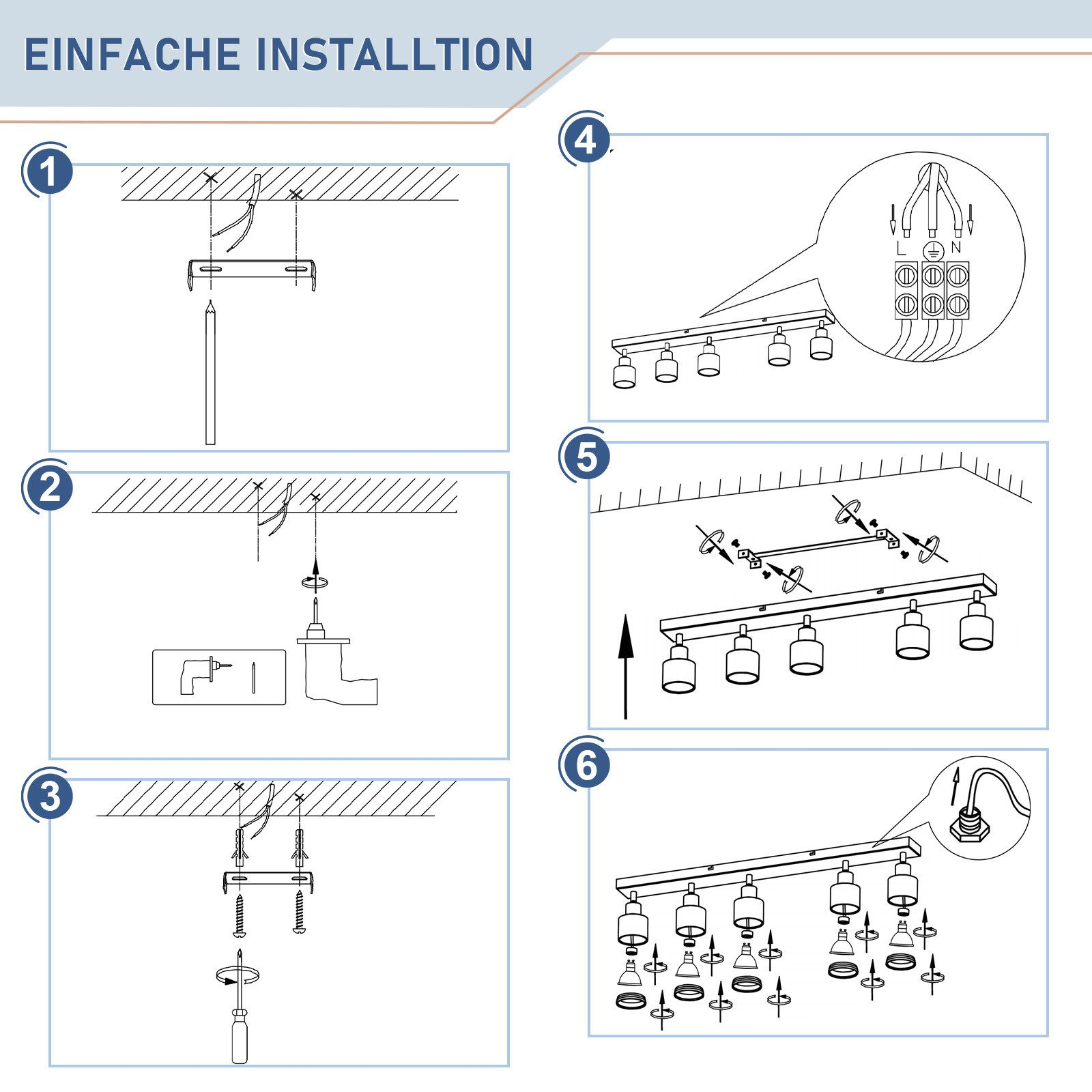 Diagramma passo passo che illustra il processo di installazione di un sistema di illuminazione a binario su un soffitto.