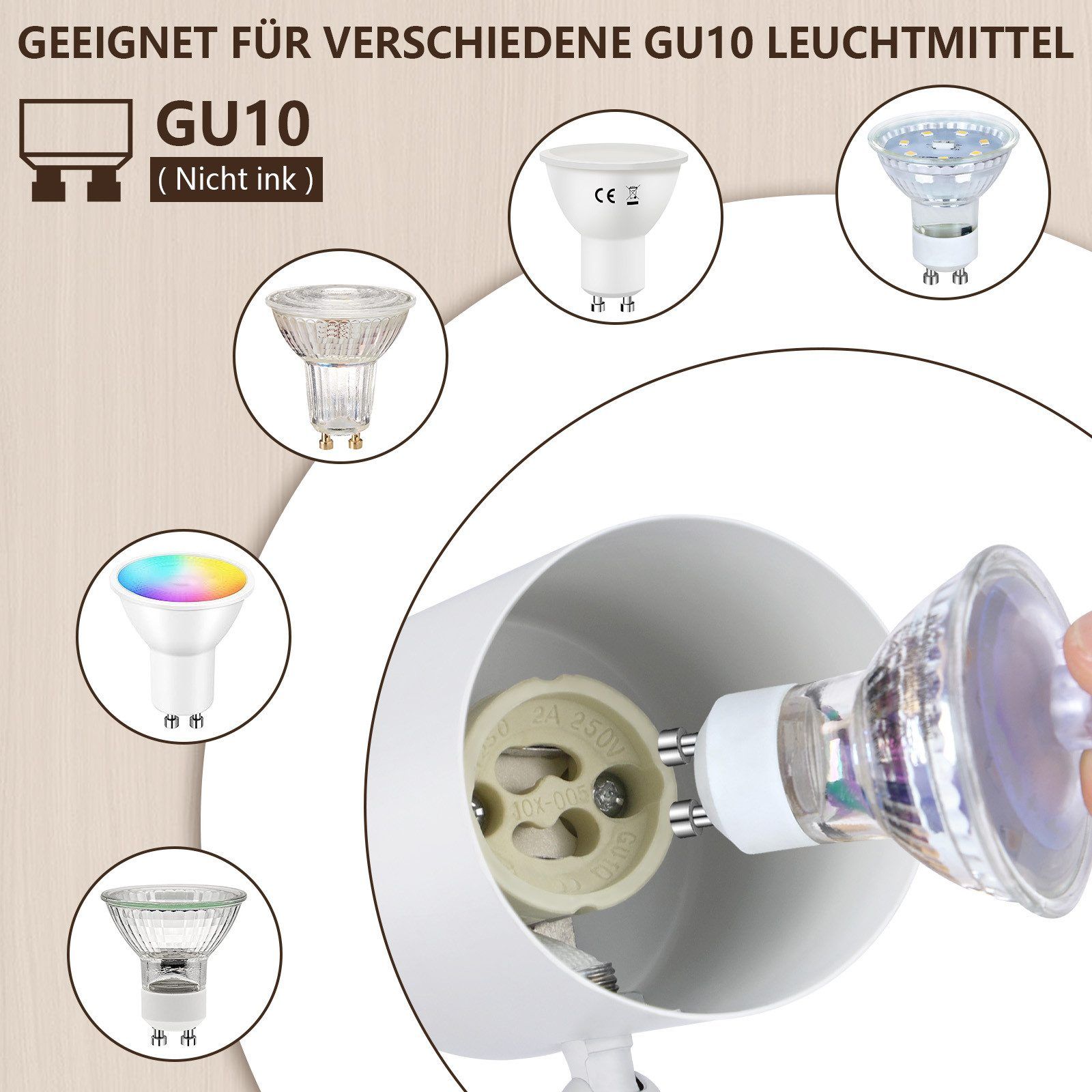 Varie lampadine GU10. Alcune sono installate in un apparecchio bianco. Una è tenuta da una mano.
