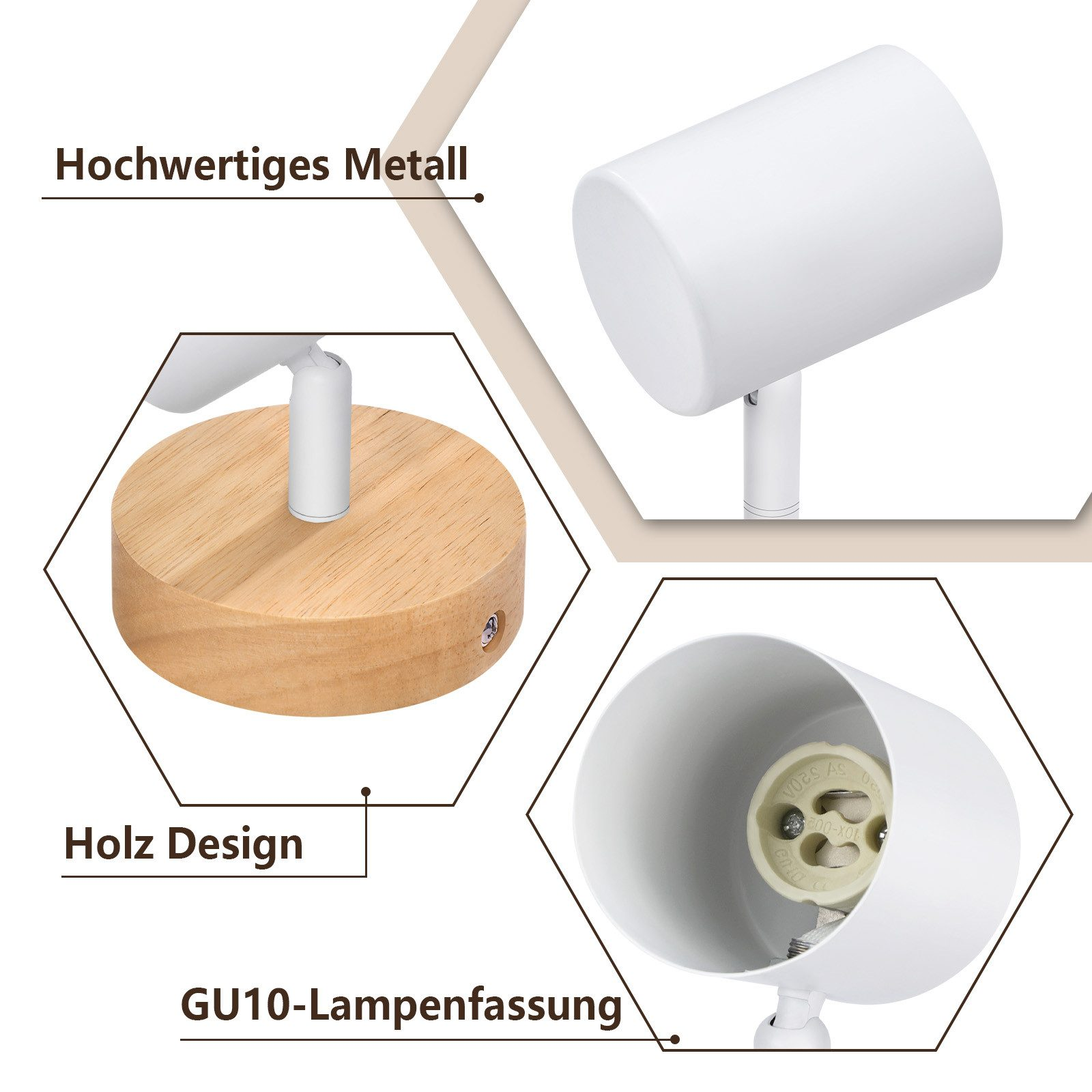 Primi piani di un faretto bianco con base in legno, che mostra i dettagli del design e l'attacco lampada GU10.