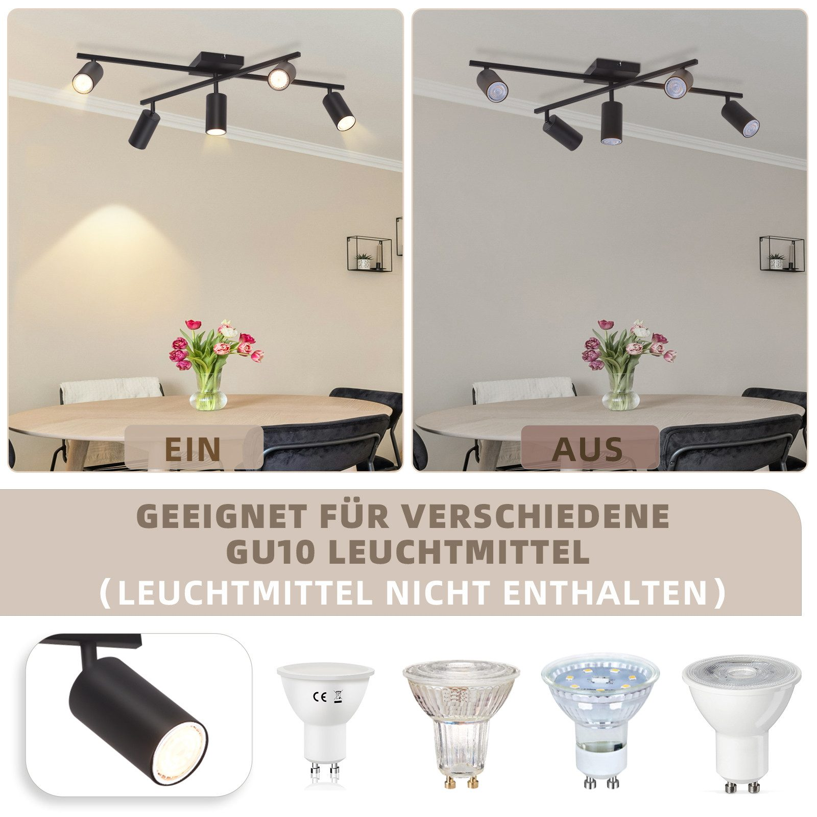Reflektory sufitowe, włączone i wyłączone, ze stołem, wazonem z kwiatami i żarówkami. Tekst wskazujący kompatybilne żarówki GU10.