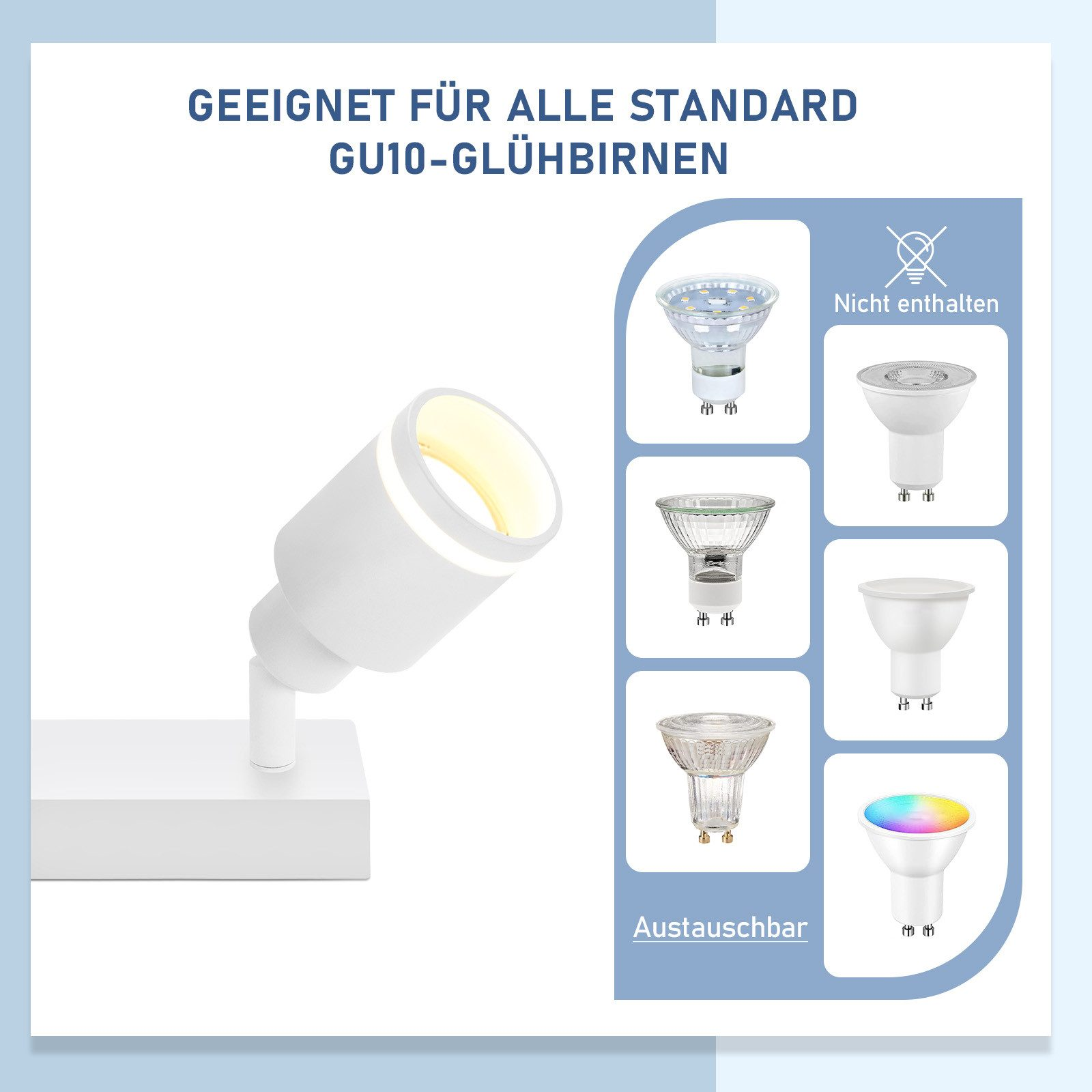 Faretto bianco con compatibilità lampadina GU10. Vengono visualizzati vari tipi di lampadine, con un'icona 'non incluso'.