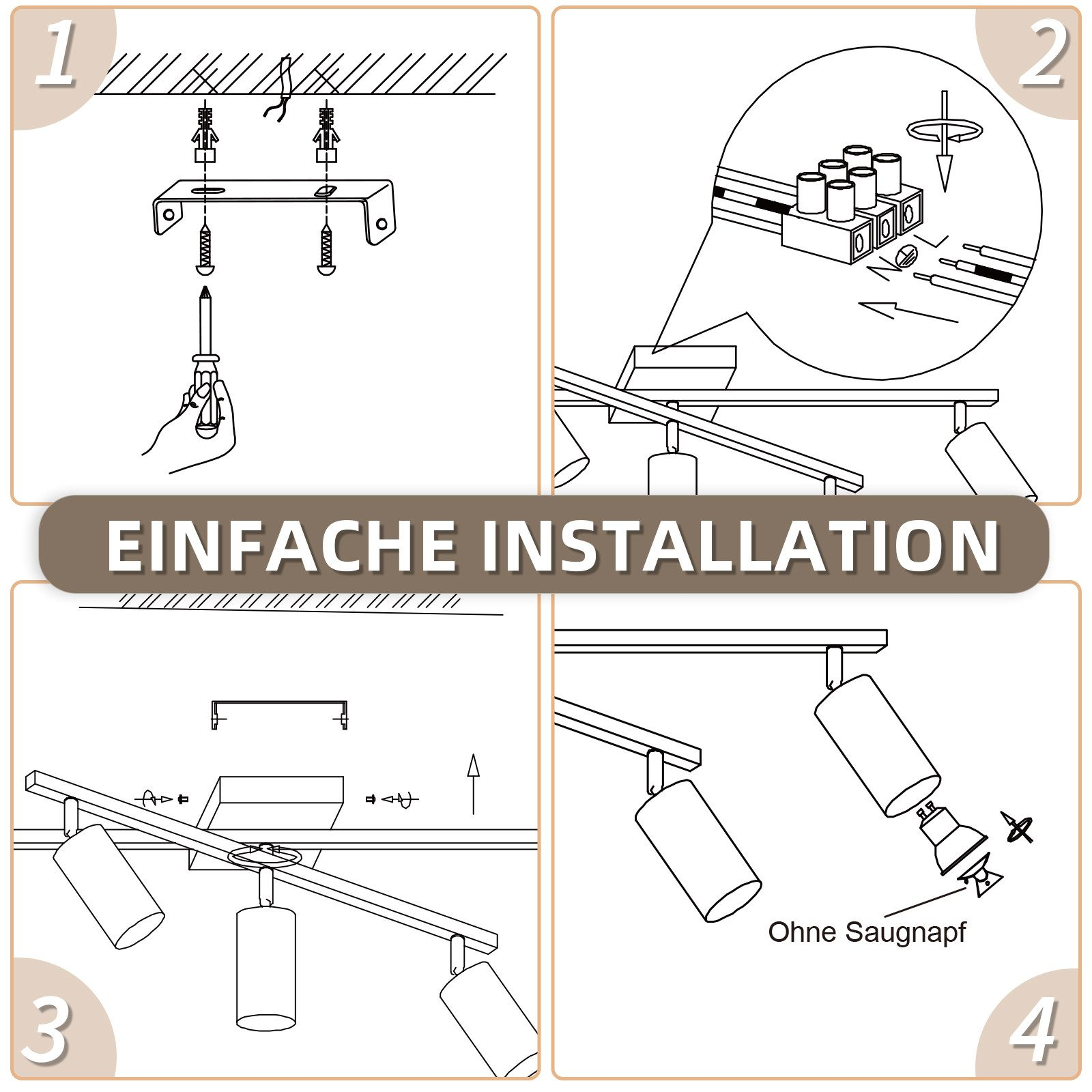 Quattro passaggi che illustrano l'installazione di un apparecchio di illuminazione. Il testo 'Einfache Installation' è presente.