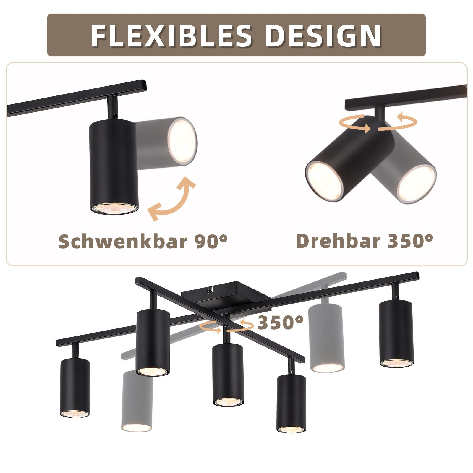 Lampa sufitowa z regulowanymi czarnymi reflektorami, ze strzałkami kierunkowymi.