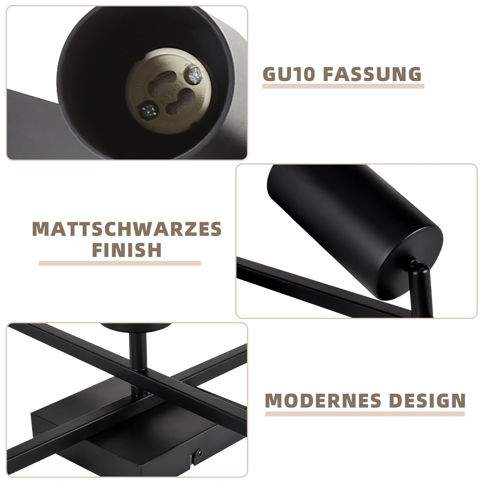 Zbliżenia czarnej lampy. Pokazujące mocowanie GU10, matowe czarne wykończenie i nowoczesny design.