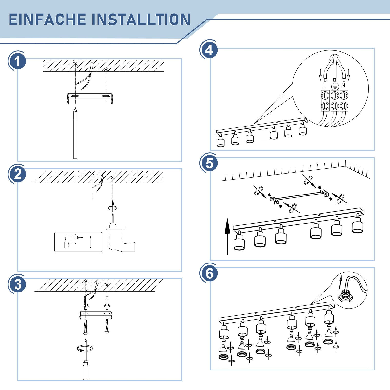 Guida all'installazione. Sei illustrazioni passo-passo che mostrano come installare le luci a soffitto.