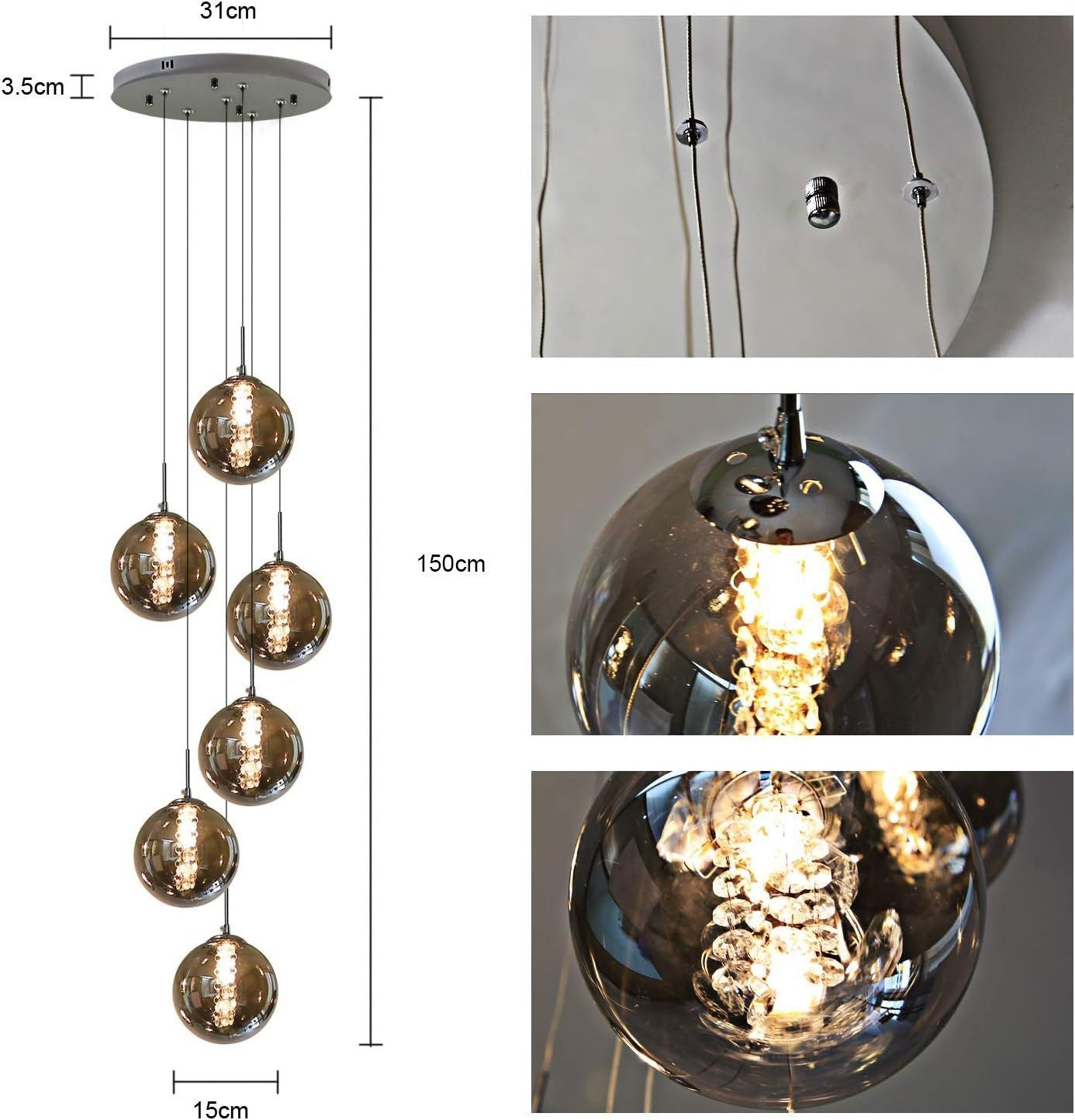 Wisząca lampa z sześcioma szklanymi kloszami, widoczne wymiary.