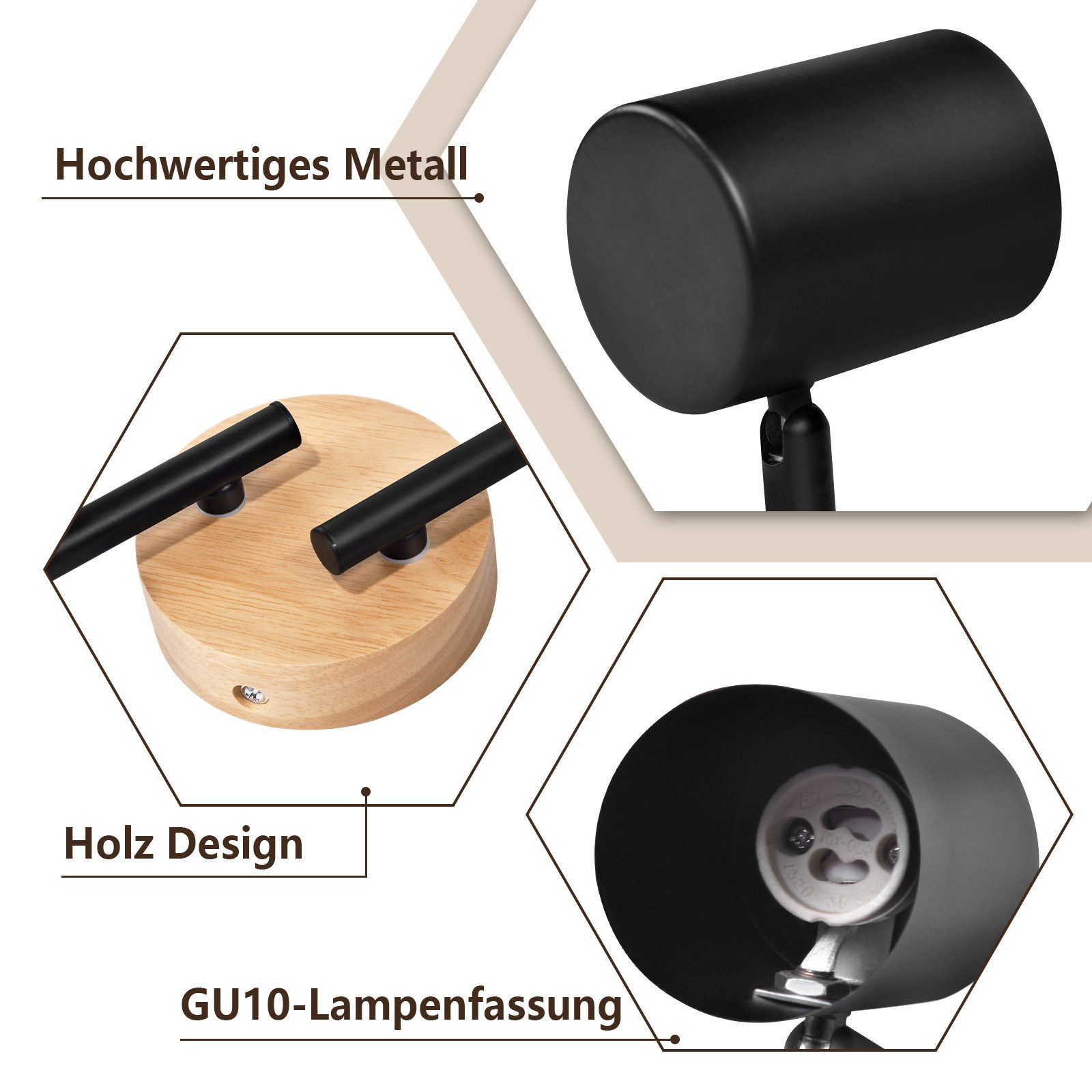 Szczegóły czarnego reflektora: drewniana podstawa, oprawka GU10, wysokiej jakości metal i czarna głowica.