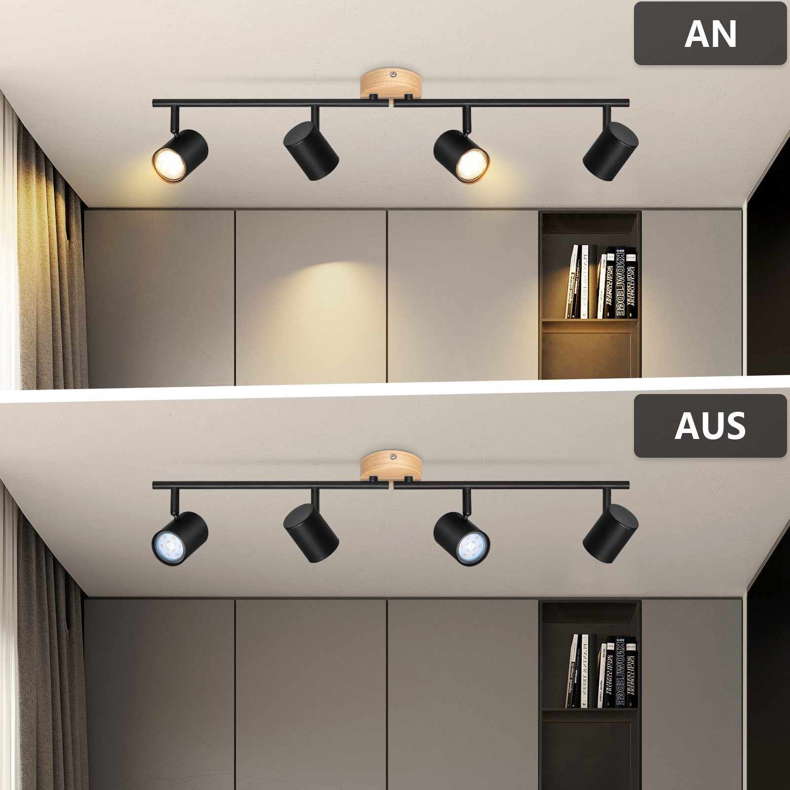 Dwa obrazy światła sufitowego, włączonego i wyłączonego, z etykietami tekstowymi.