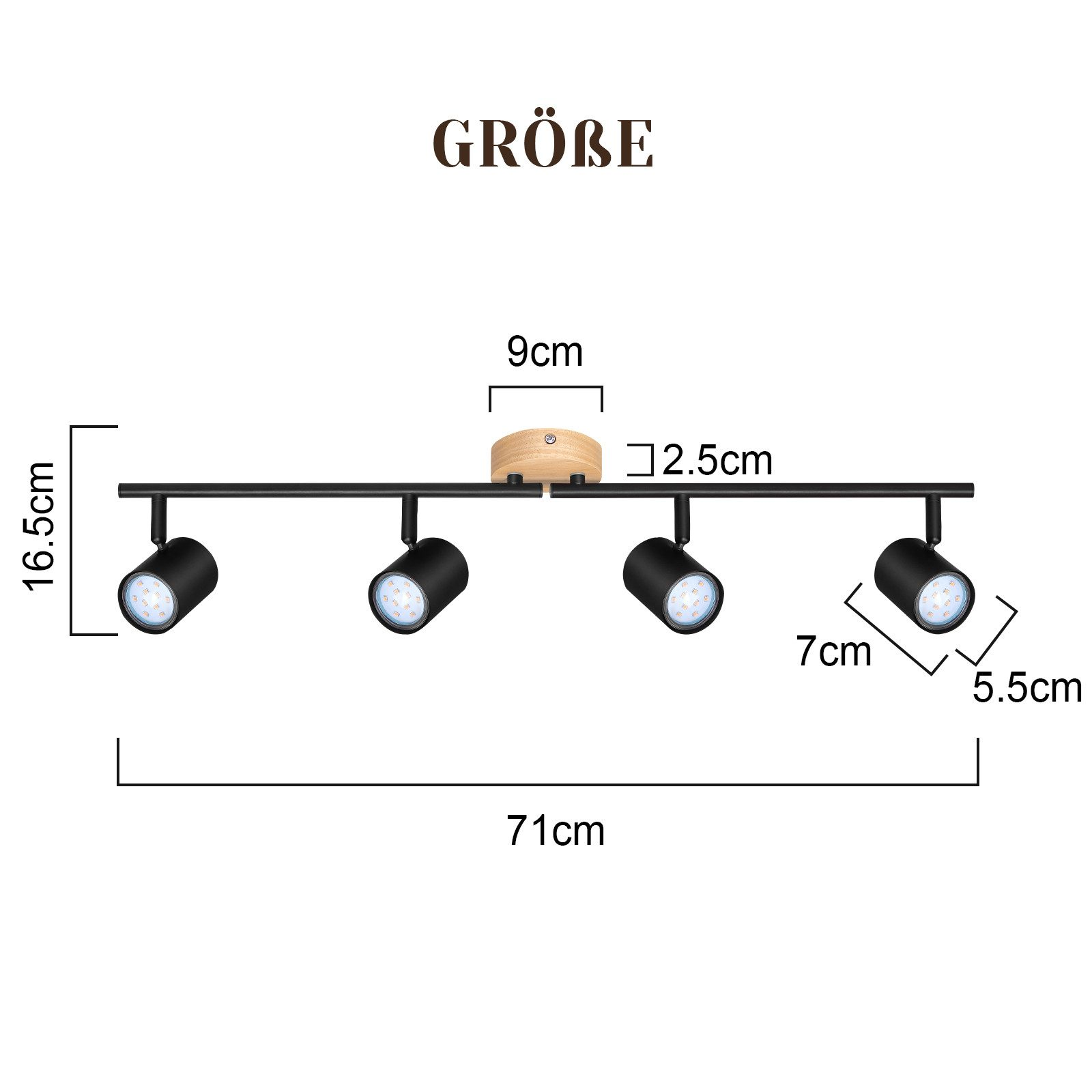Czarna oprawa oświetleniowa z czterema reflektorami. Tekst na górze brzmi: GRÖBE.