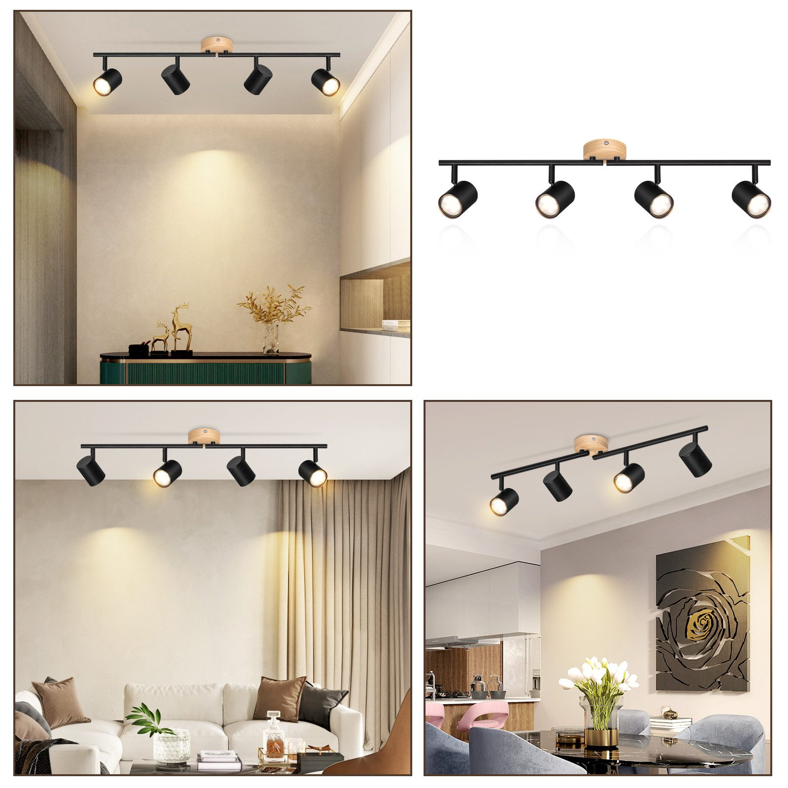 Zdjęcia czarnych lamp sufitowych z wieloma reflektorami zainstalowanymi w różnych pomieszczeniach.