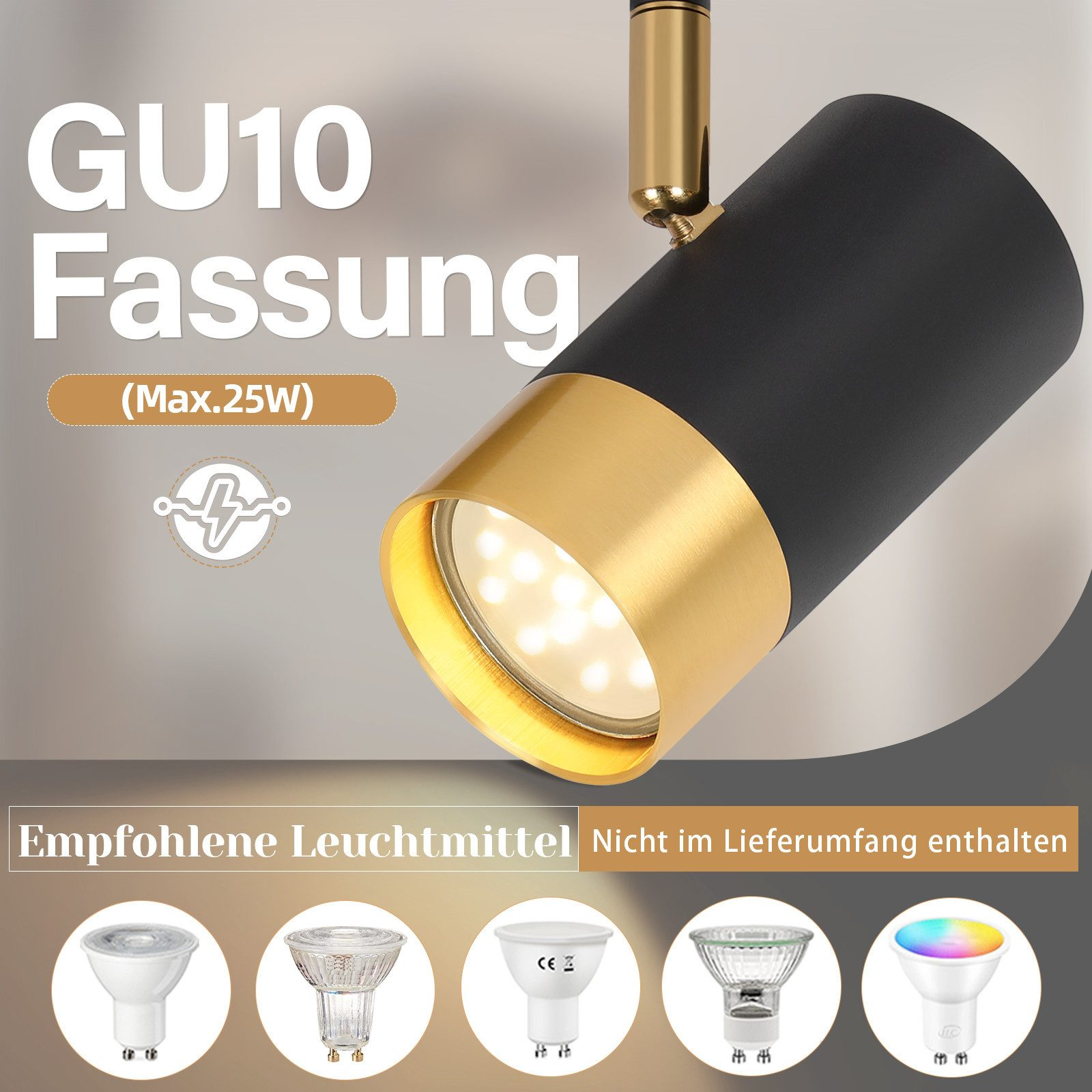 Faretto nero e oro con attacco GU10. Varie lampadine sono mostrate sotto. Testo: Lampadine consigliate.
