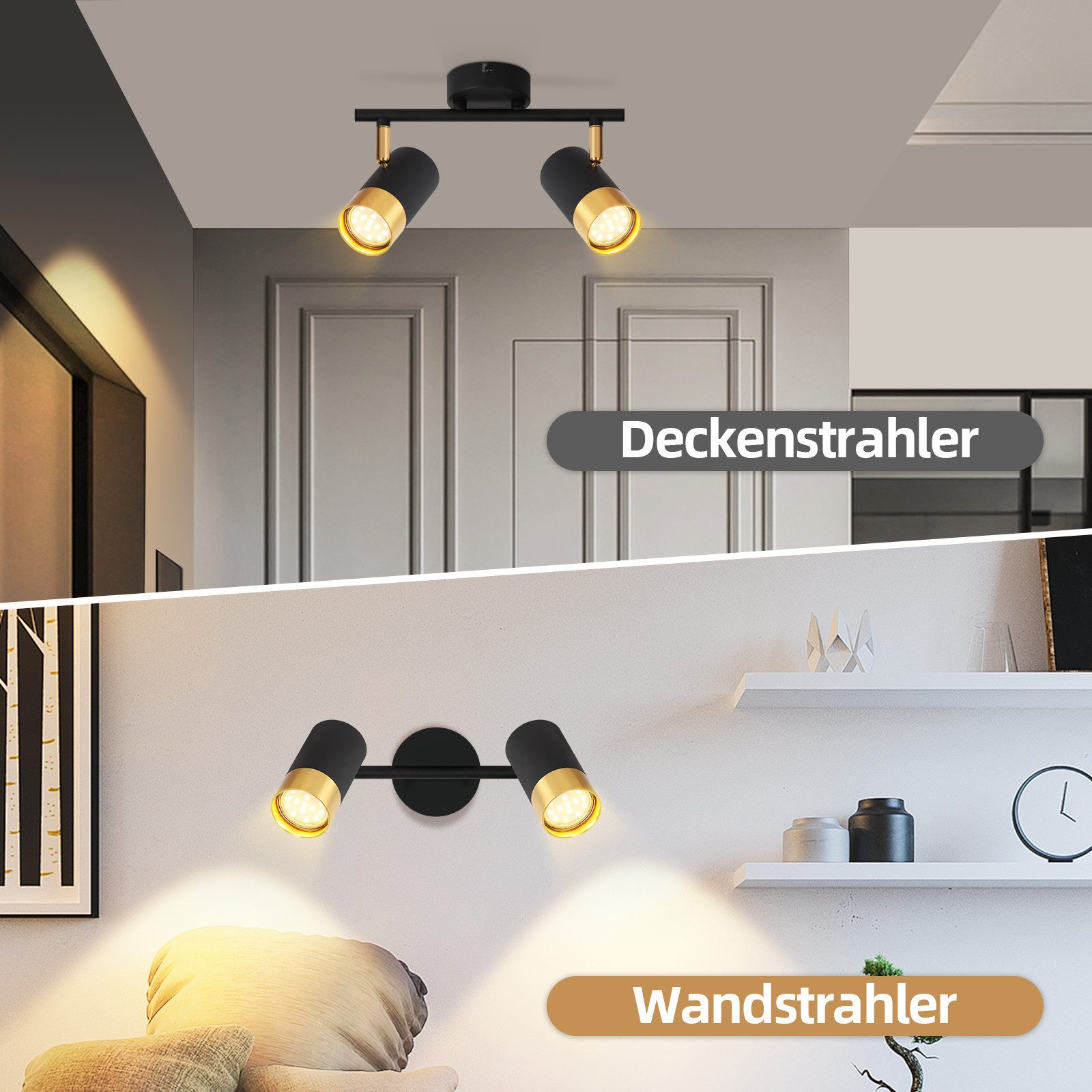 Due luci a soffitto, una luce a parete. Il testo dice 'Lampada da soffitto' e 'Lampada da parete'.