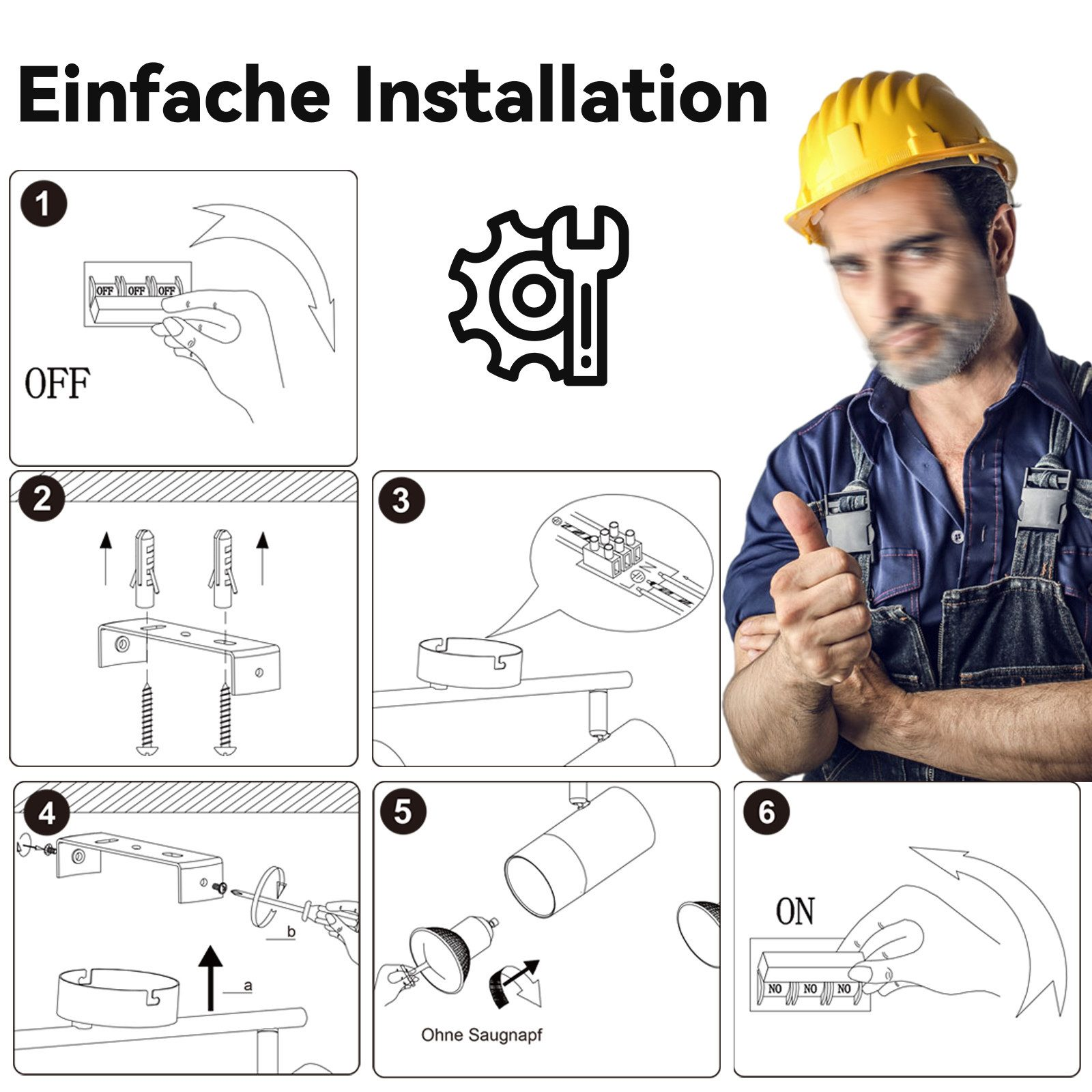 Installationsschritte mit einem Mann mit gelbem Helm, der einen Daumen hoch gibt, Anweisungen und Werkzeuge gezeigt.