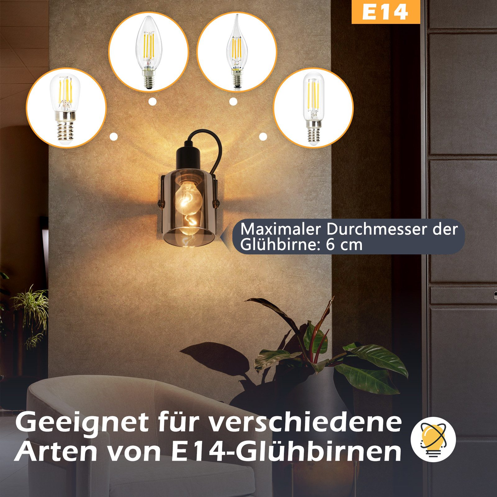 Kinkiet ze widocznymi żarówkami. Tekst E14 u góry po prawej. Pasuje do żarówek.