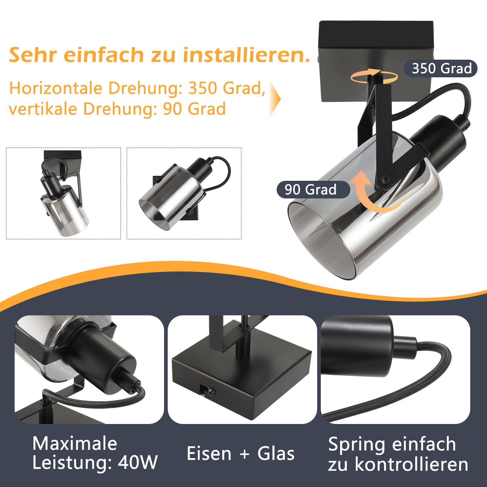 Czarne i srebrne reflektory z elastycznością kierunkową. Tekst podkreśla maks. moc 40 W i konstrukcję żelazo/szkło.