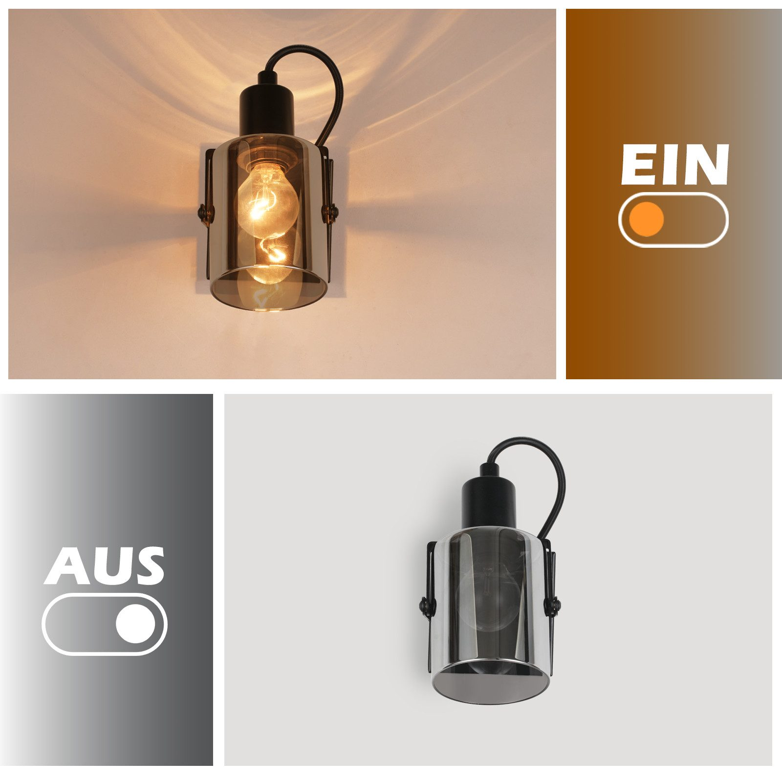 Pięć obrazów pokazujących lampę ścienną i włącznik/wyłącznik. Lampa jest cylindryczna i czarna. Tło jest białe.