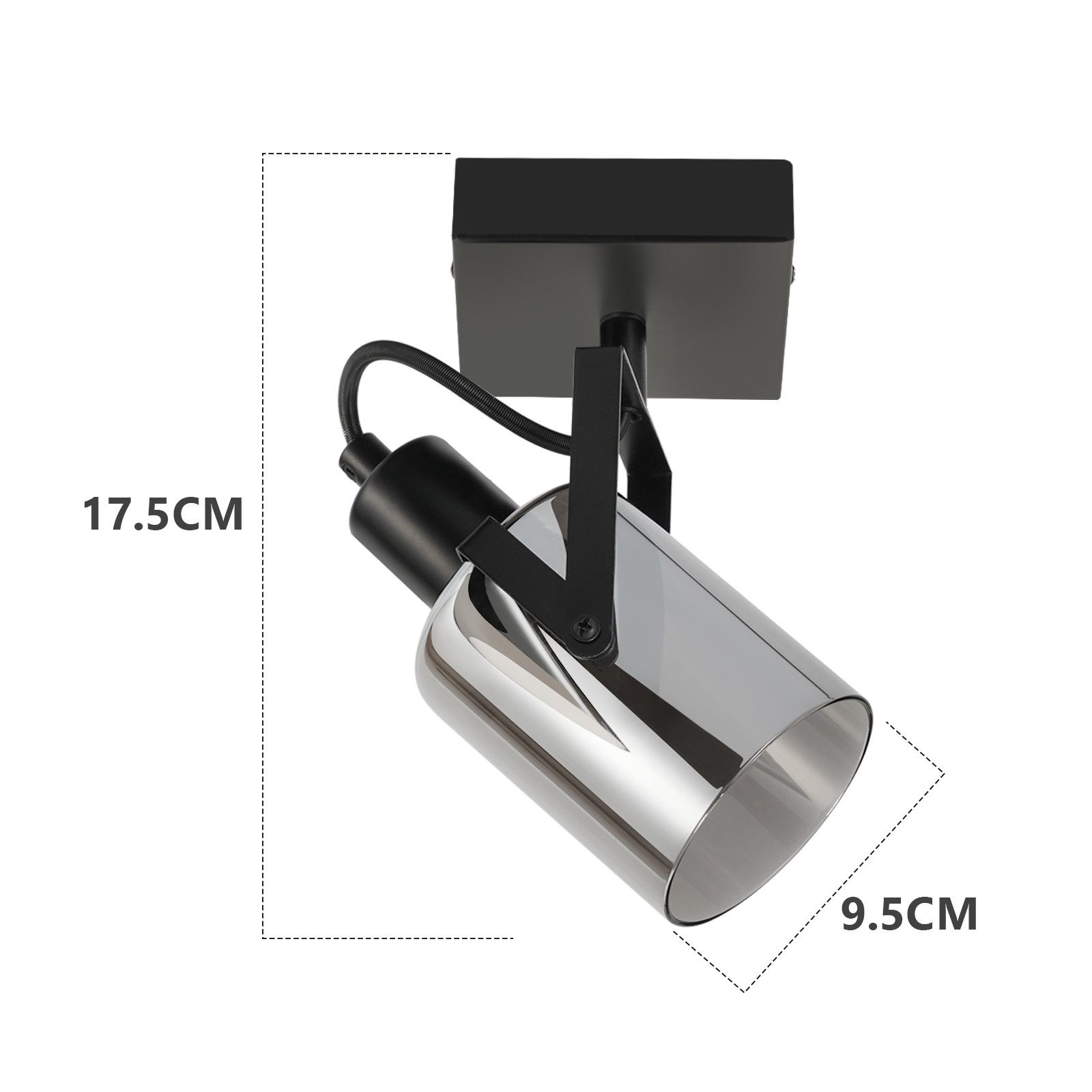 Czarny i srebrny reflektor. Wymiary są napisane na obrazku.