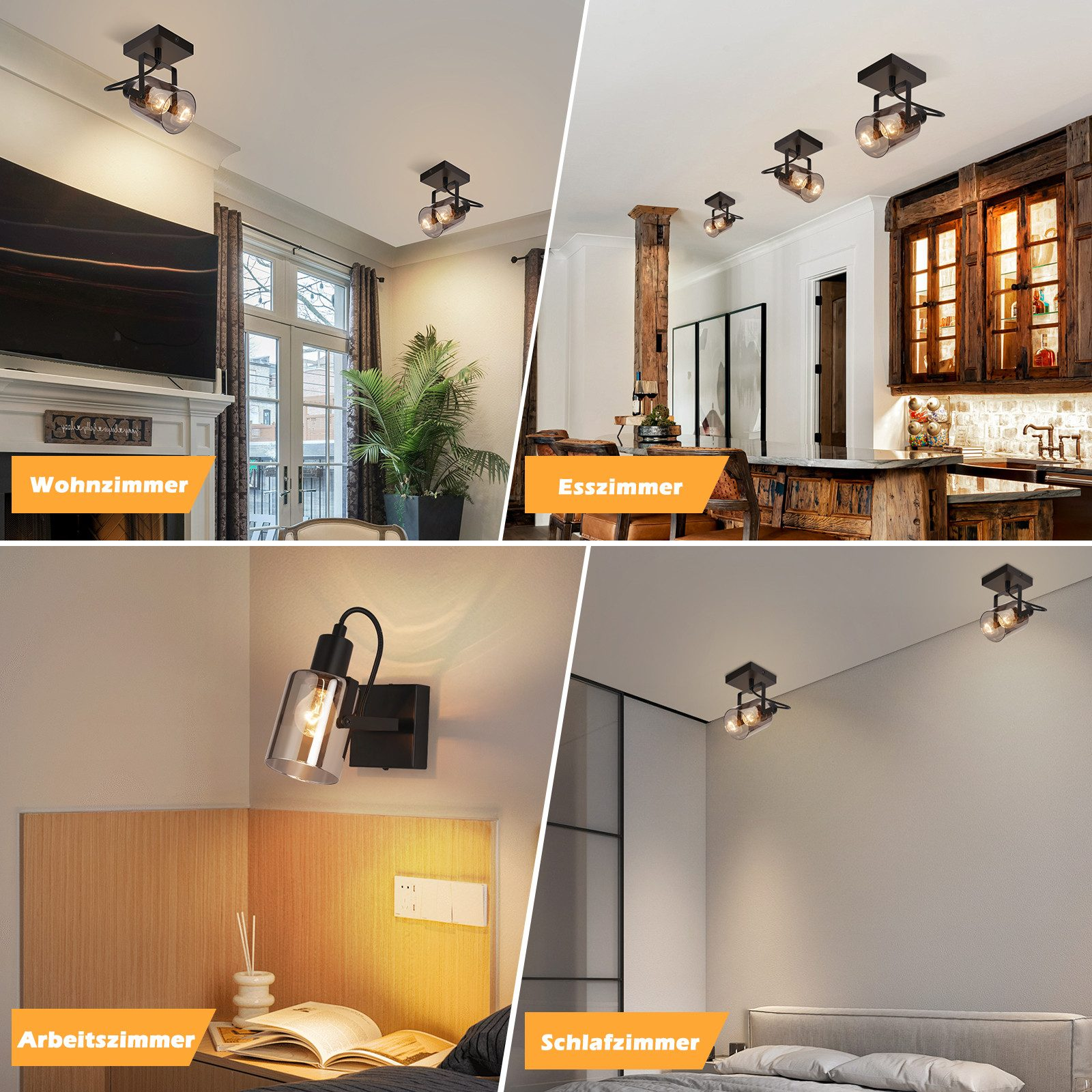 Cztery sceny z różnych pomieszczeń z różnymi ustawieniami oświetlenia: salon, jadalnia, gabinet i sypialnia.