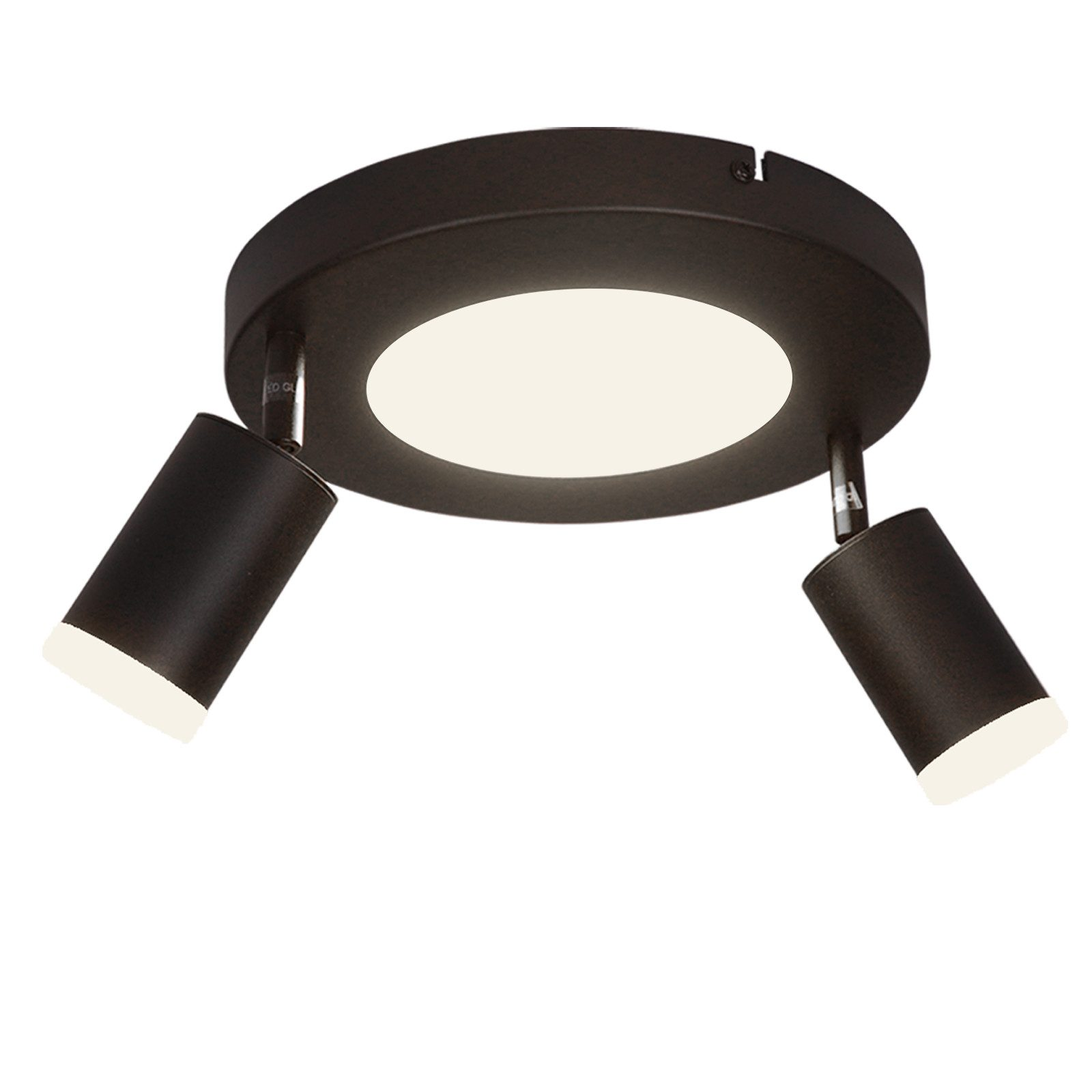 Lampada da soffitto nera, rotonda e moderna con due faretti orientabili. Sfondo bianco.