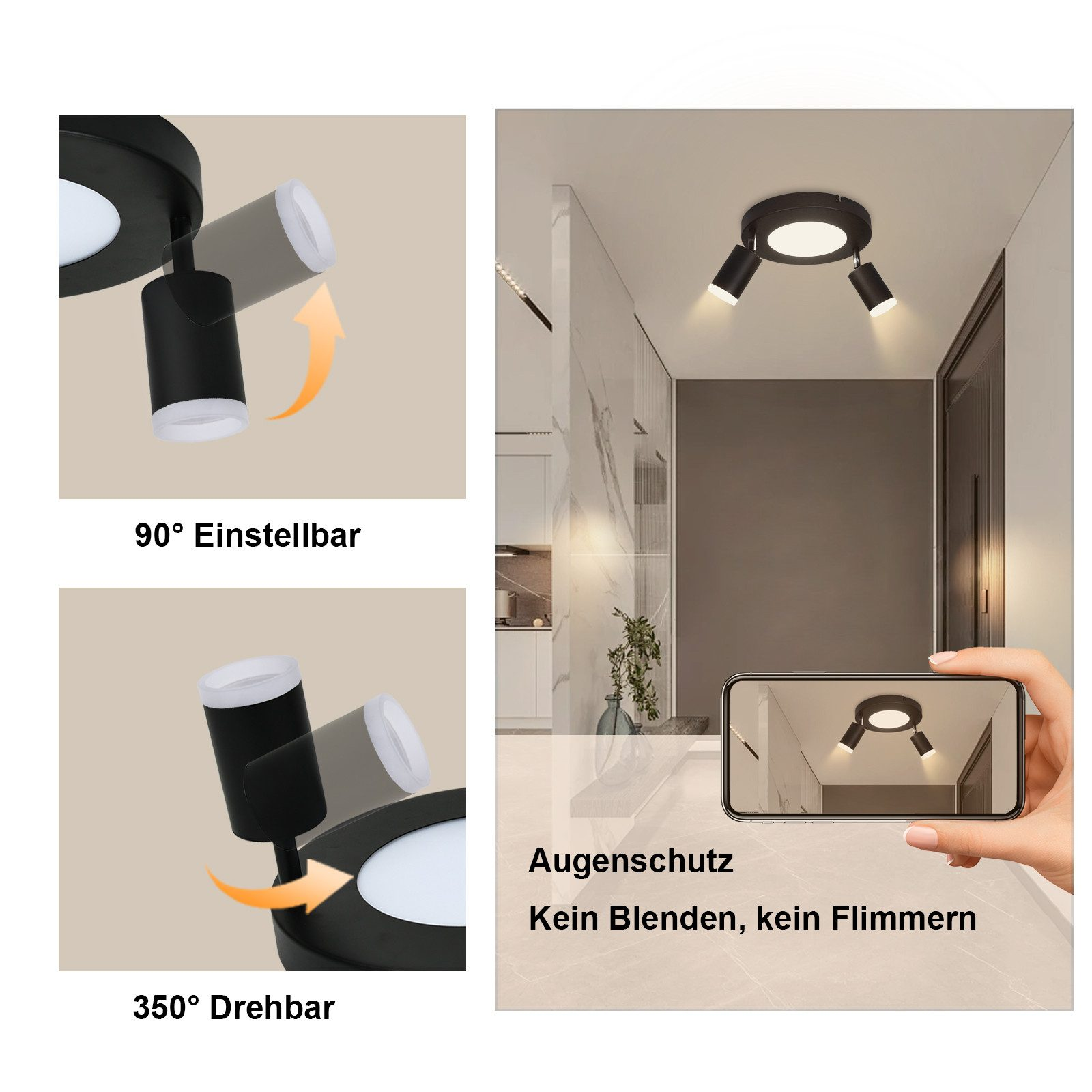 Un apparecchio di illuminazione con faretti regolabili, mostrato da diverse angolazioni. Una persona usa un telefono per vederlo.