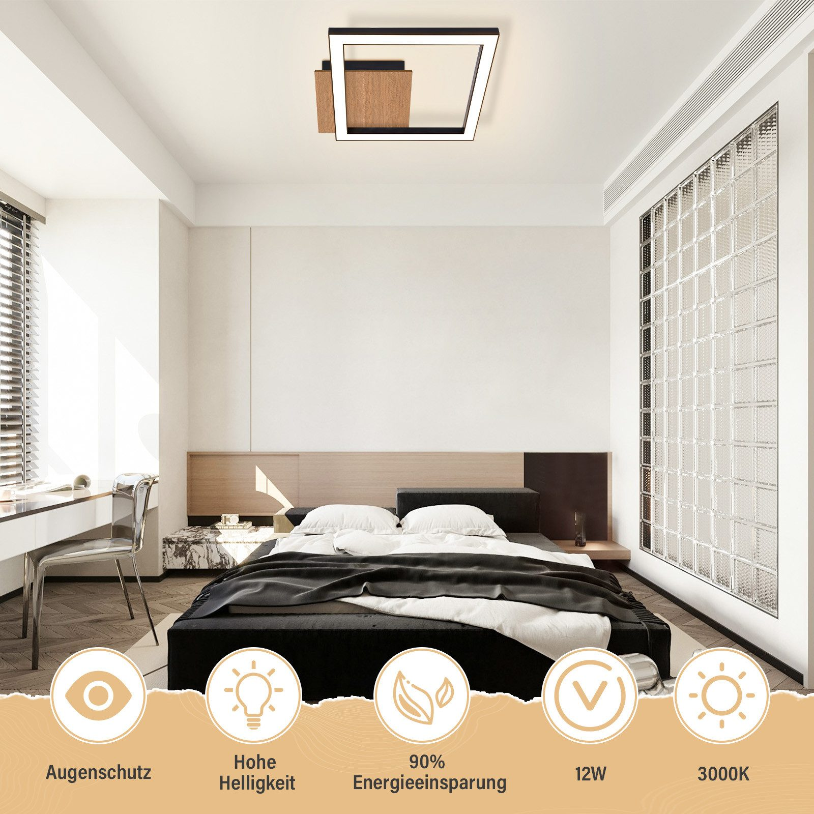 Lampa sufitowa o nowoczesnym designie w sypialni.