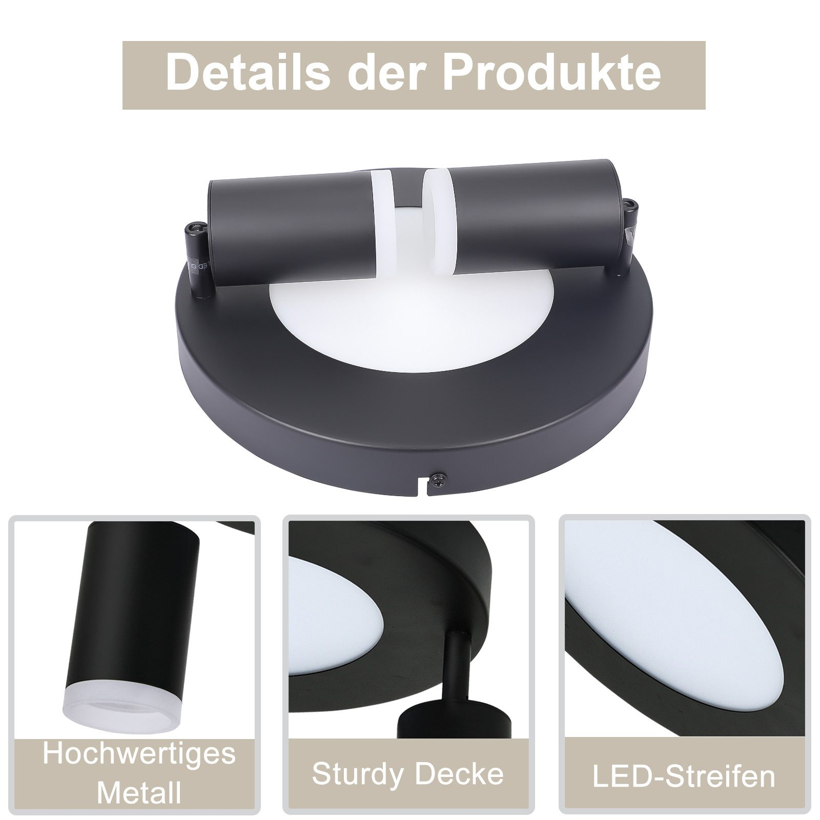 Dettagli ravvicinati del prodotto: una luce LED nera con base rotonda, anello interno bianco e primi piani dei componenti.