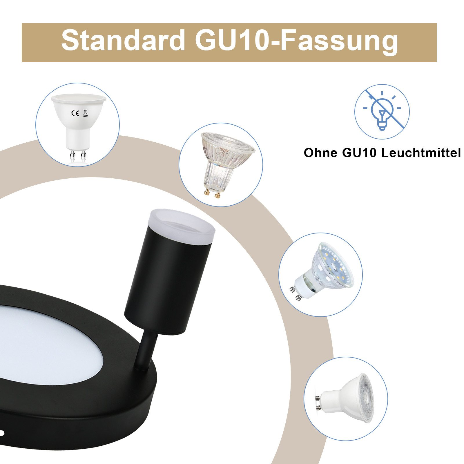 Luce nera con base rotonda e una singola luce, e vari esempi di lampadine GU10.