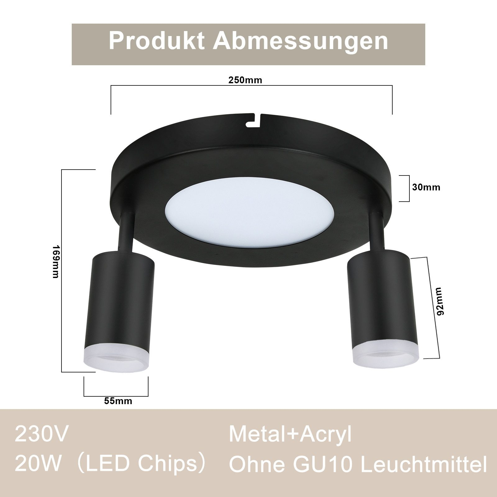 Lampada da soffitto nera con due faretti. Vengono mostrate le misure e il testo in tedesco.