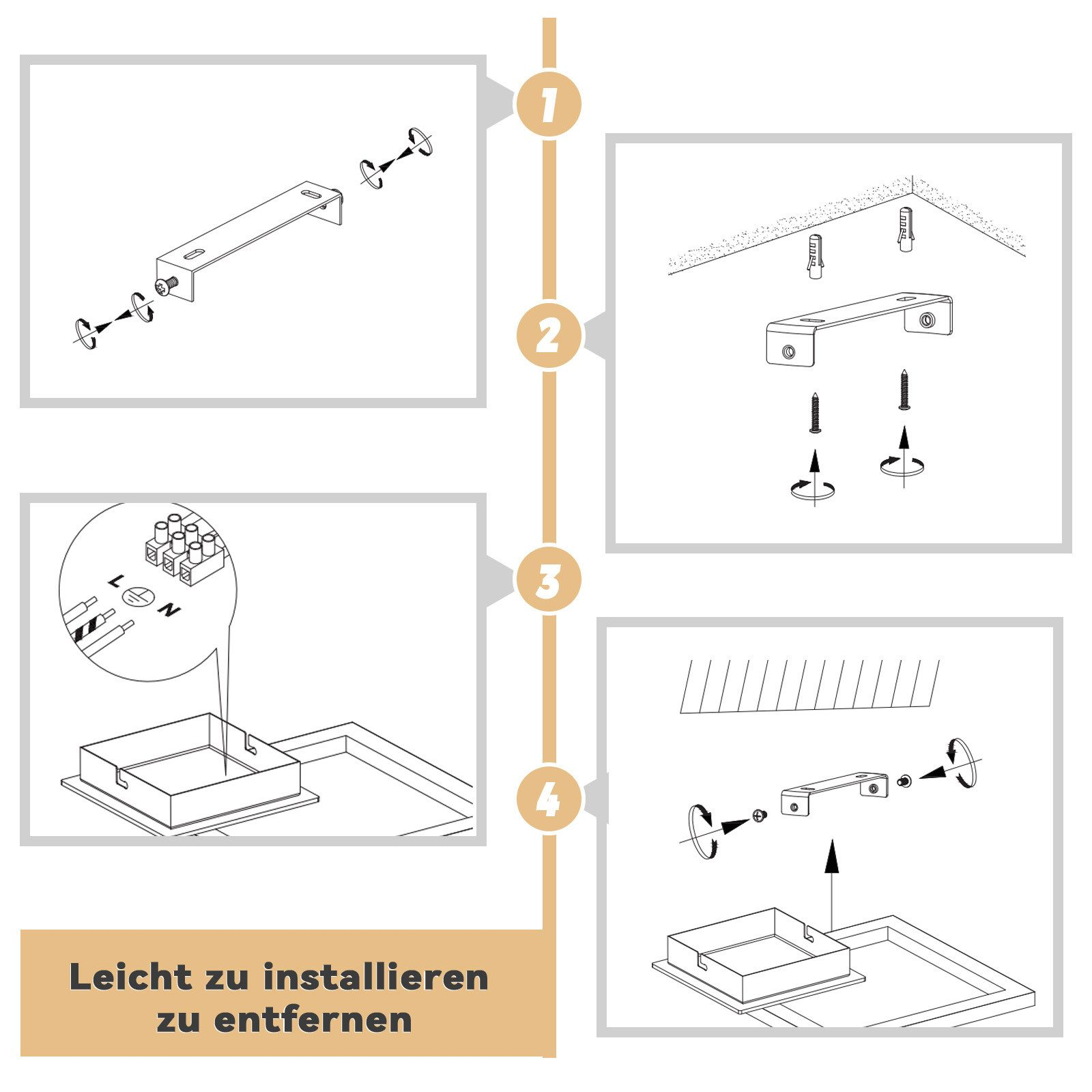 Schemat instruktażowy pokazujący kroki instalacji oprawy oświetleniowej sufitowej.