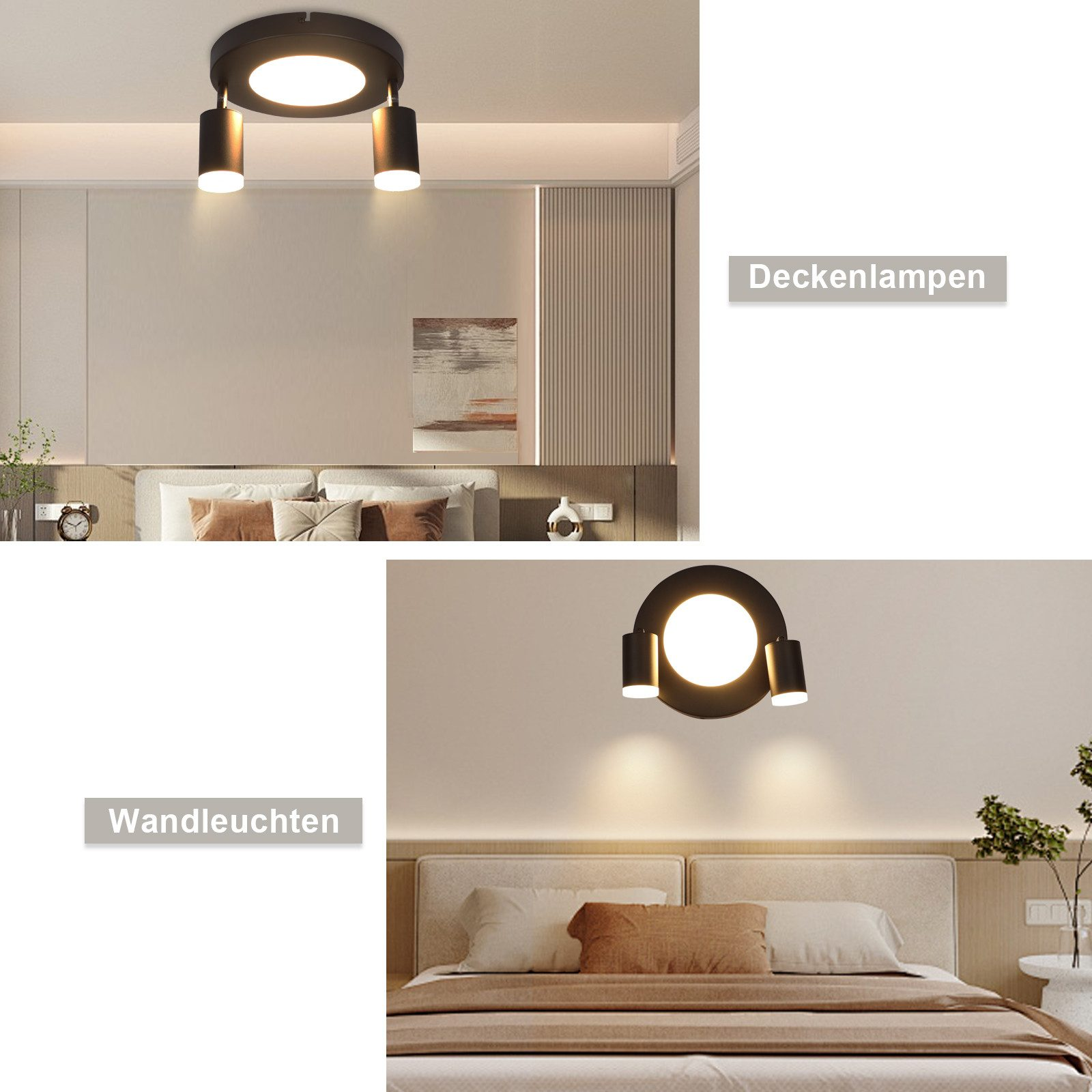 Due immagini che mostrano opzioni di illuminazione: faretti a soffitto e a parete in un ambiente.