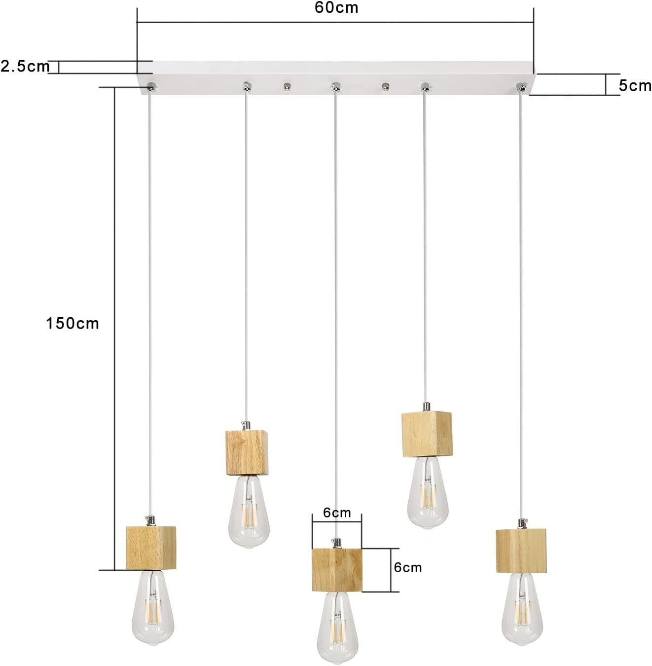 Lampa wisząca z pięcioma żarówkami. Drewniane bloki trzymają żarówki. Wymiary są podane.