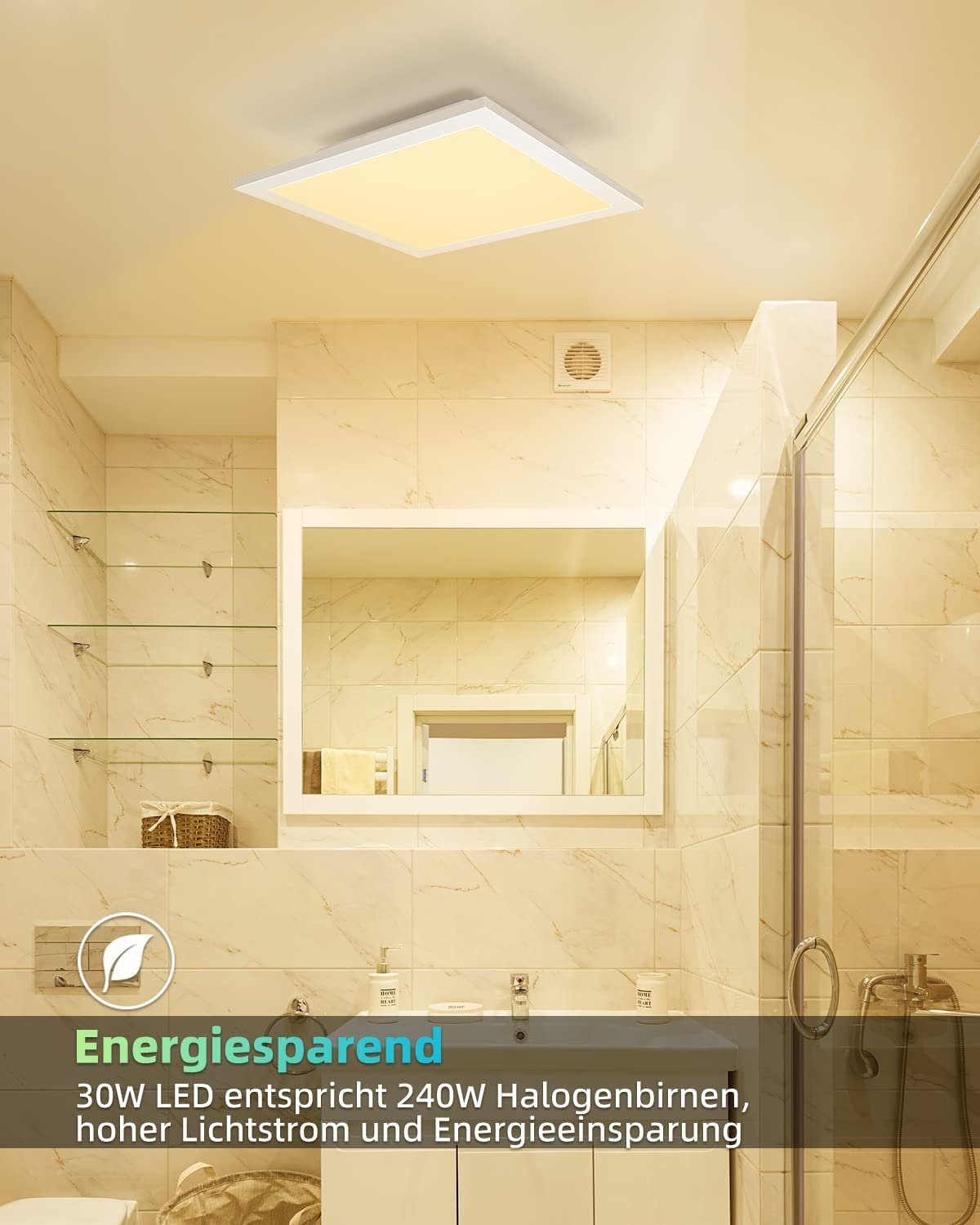 Una plafoniera a LED quadrata installata in un bagno. La luce è a risparmio energetico.