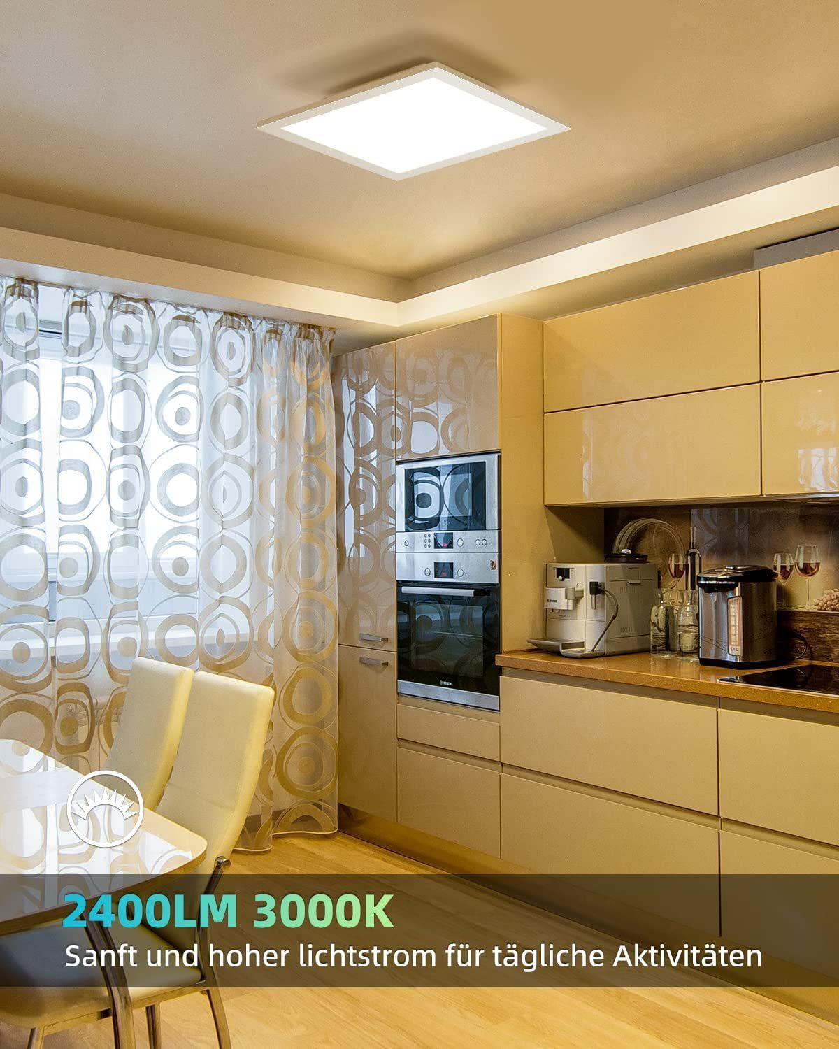 Cucina con plafoniera quadrata, mobili e elettrodomestici. Il testo dice 2400LM 3000K.