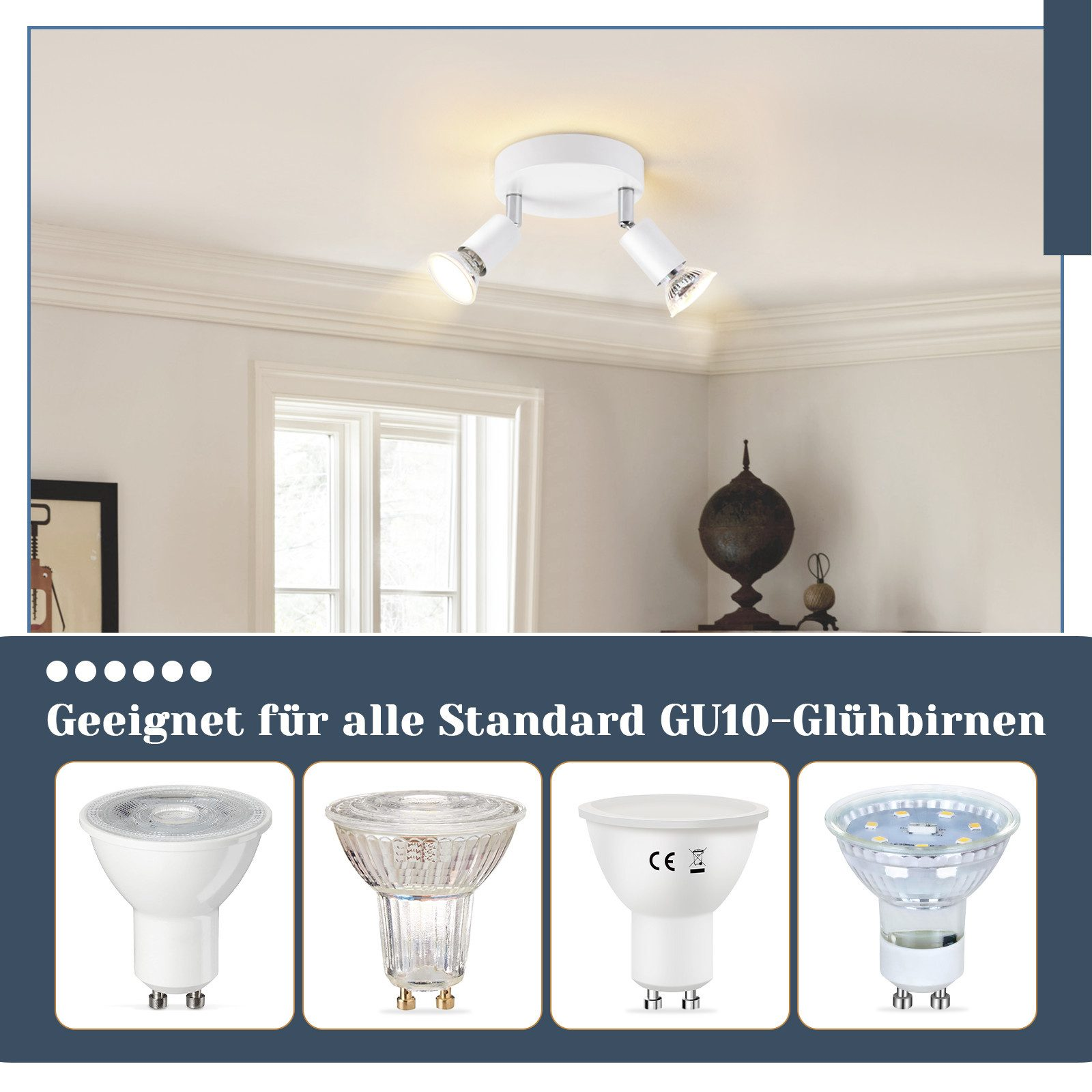 Lampade da soffitto bianche con faretti. Mostra vari tipi di lampadine GU10 adatte all'apparecchio.
