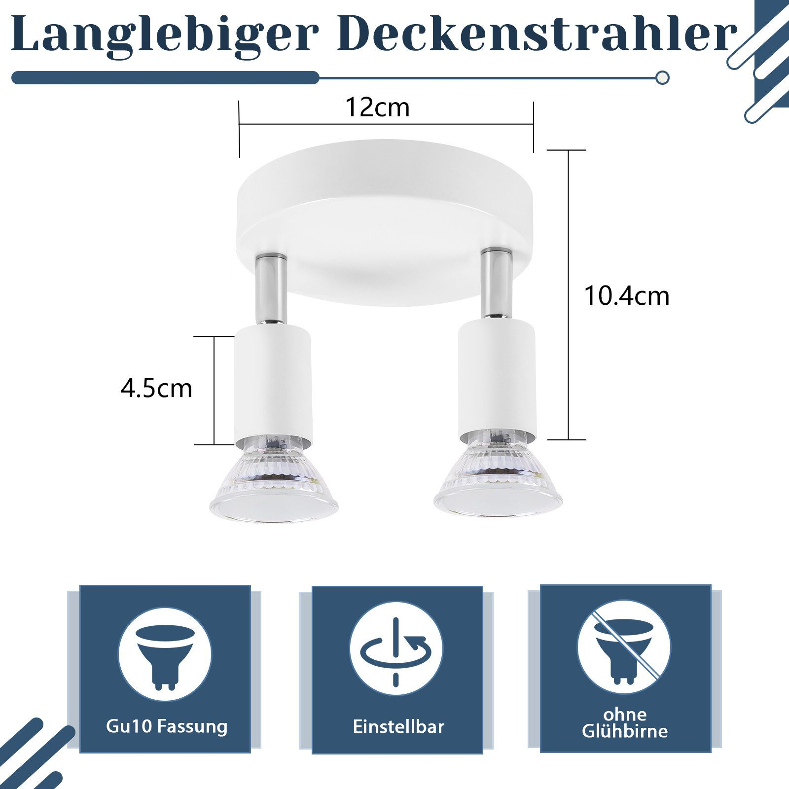 Una lampada da soffitto bianca con due luci e dimensioni. Ha del testo sulla lampada.