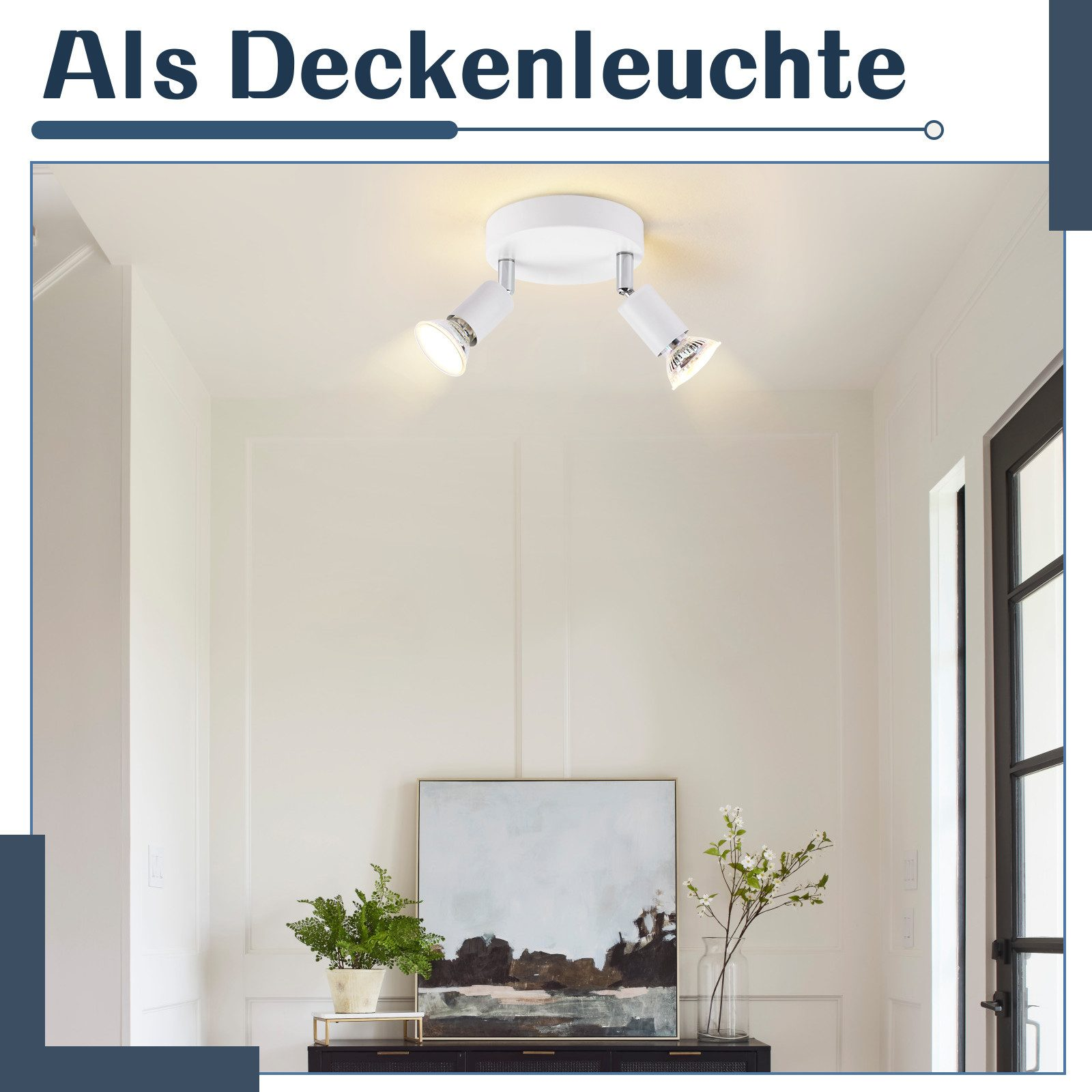 Due faretti bianchi sul soffitto con un dipinto e una pianta. Il testo in alto dice Als Deckenleuchte.