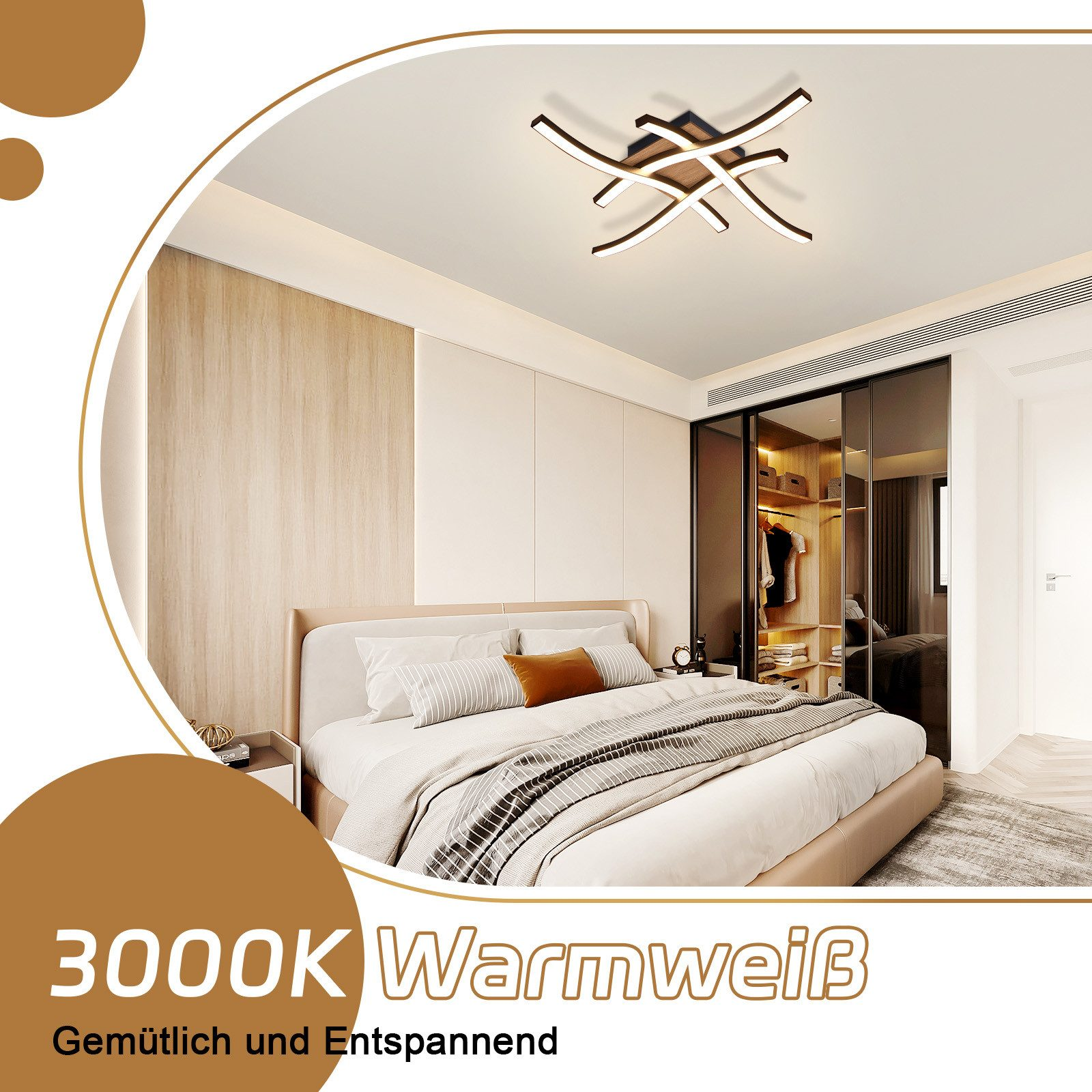 Camera da letto con plafoniera moderna, letto e parete in legno. La temperatura colore è 3000K bianco caldo.