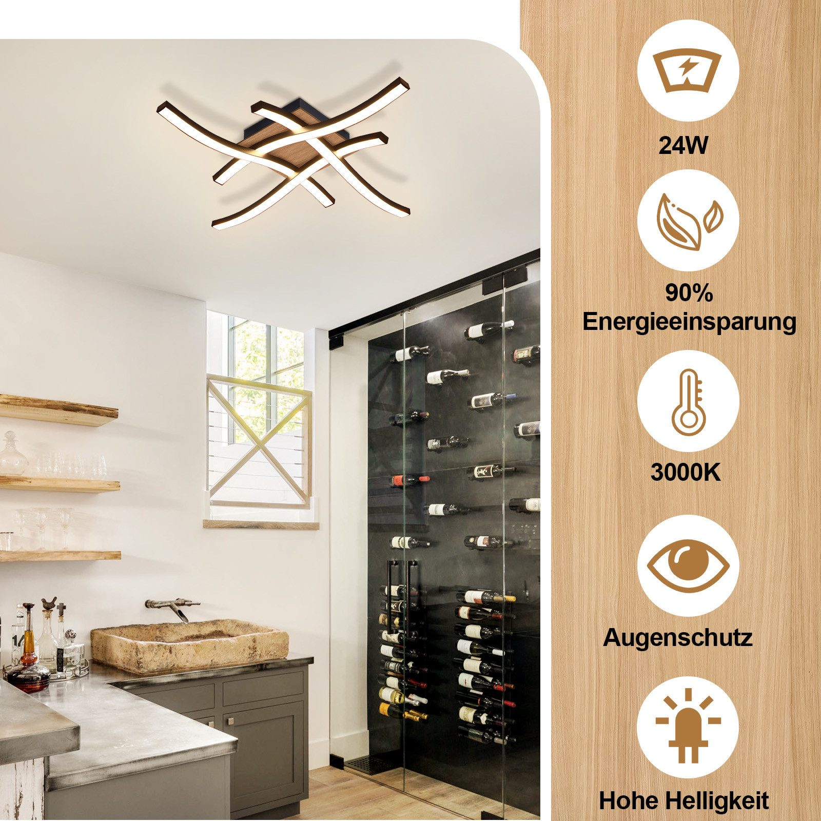Lampada da soffitto moderna in un ambiente simile a una cantina. È un design curvo con molte specifiche a destra.