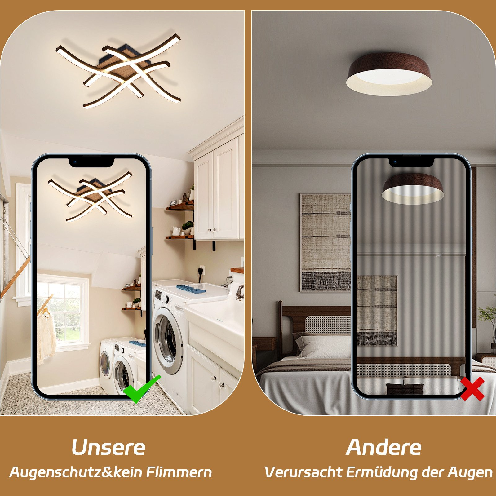 Un'immagine divisa mostra un'installazione di illuminazione a soffitto; una buona, una cattiva. Il testo dice 
