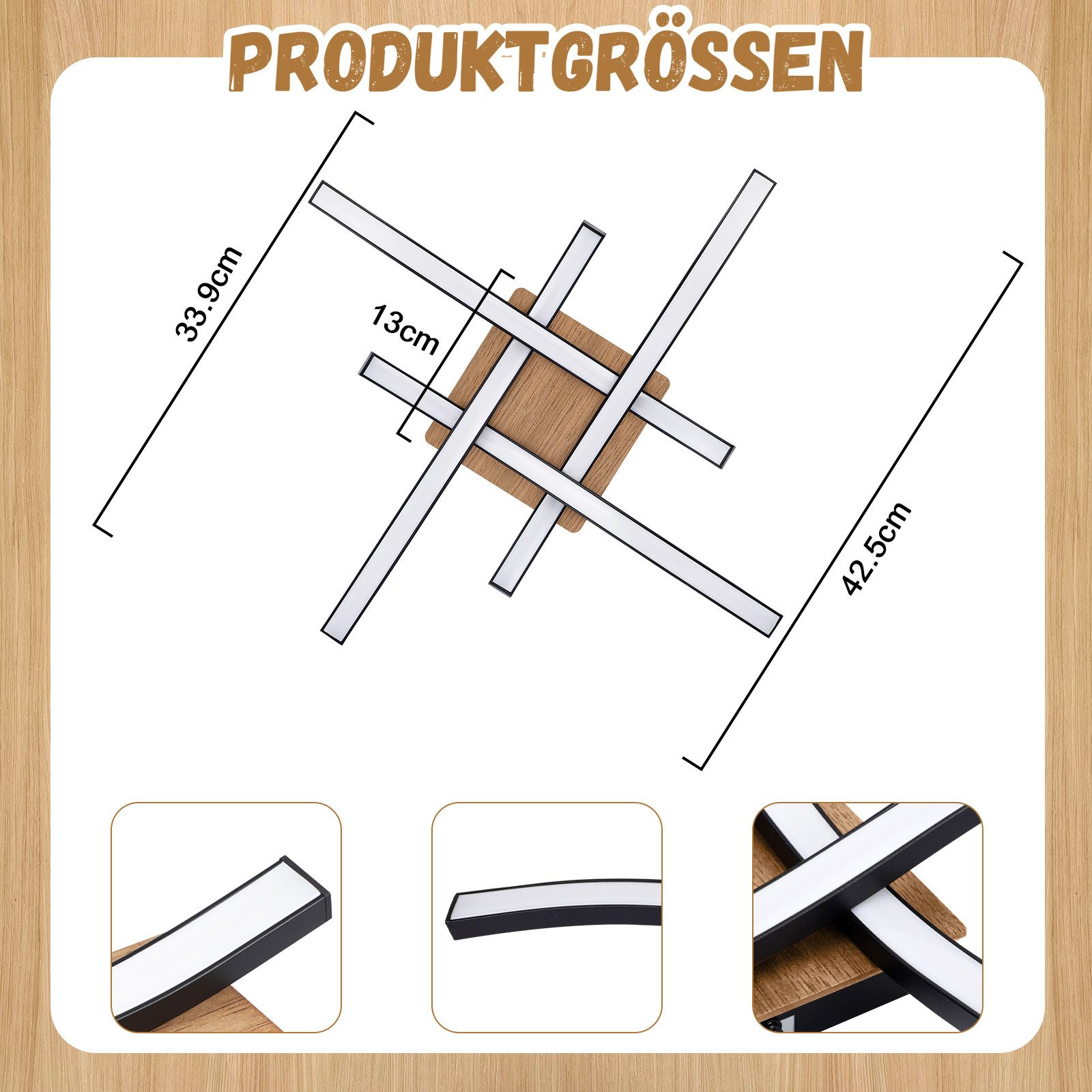 Plafoniera moderna in legno e bianco. Dimensioni: 33,9 cm, 42,5 cm e 13 cm.