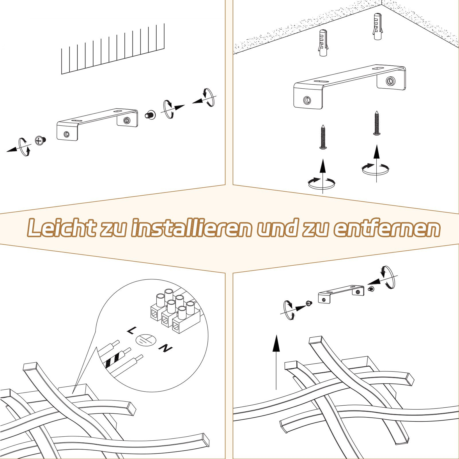 Istruzioni in quattro passaggi per installare un apparecchio di illuminazione. Disegni a linea su sfondo bianco.