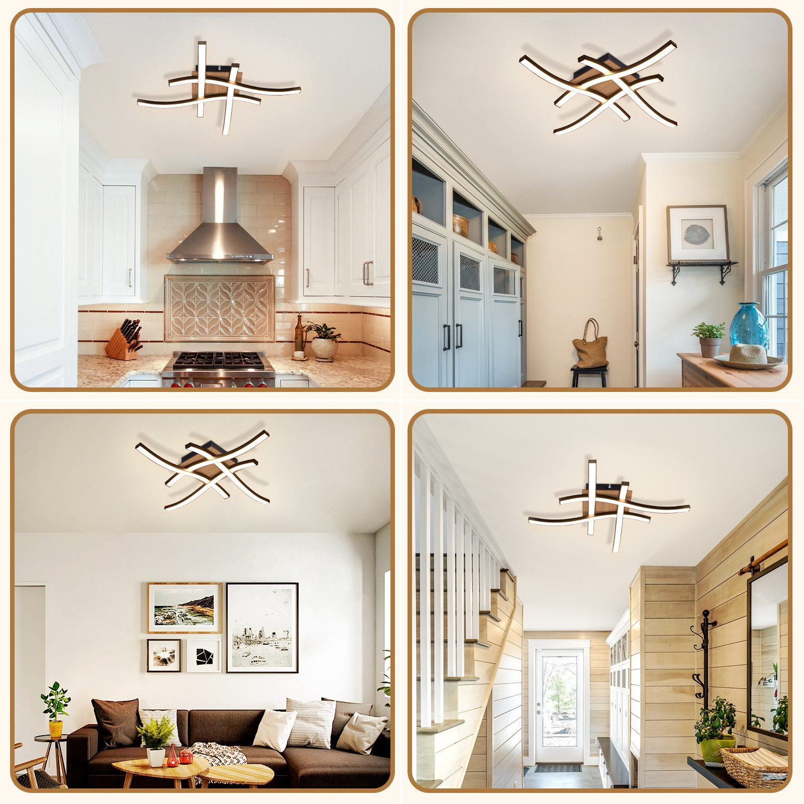 Quattro immagini che mostrano diverse viste di un apparecchio per lampada da soffitto in varie stanze.