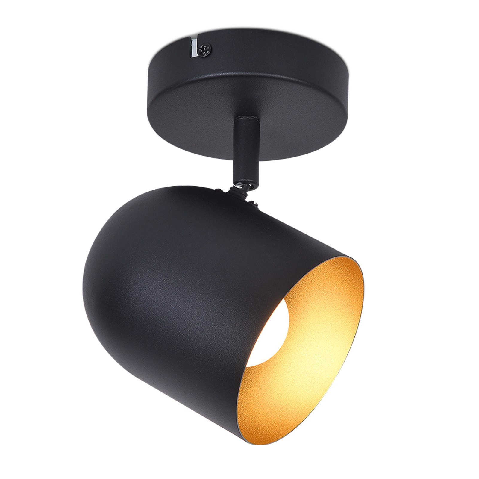 Faretto nero con interno dorato. Montato su una base nera.